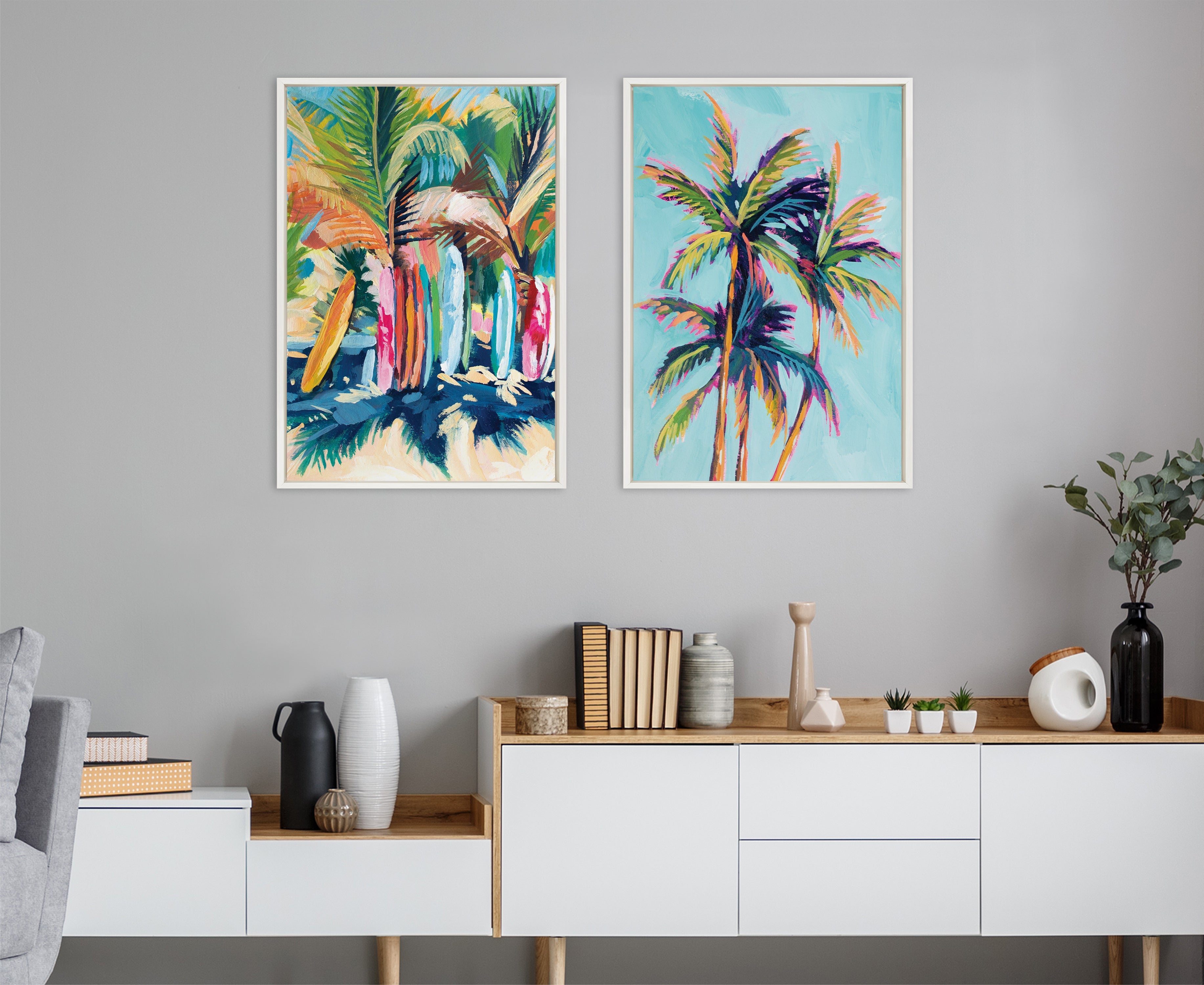 Sylvie Surf and Sand and Tropical Palms Study Framed Canvas Art Set by Rachel Christopoulos