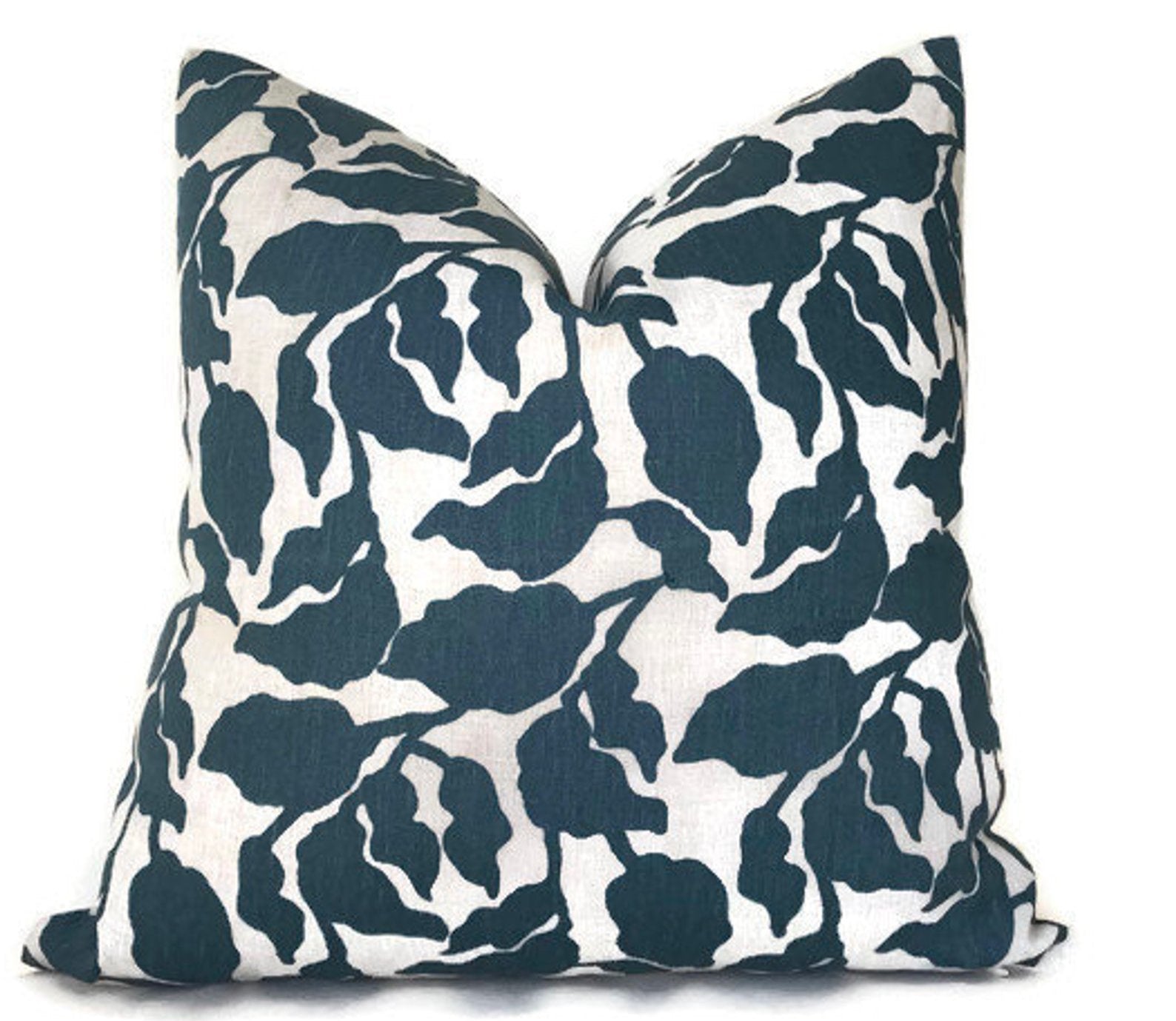 Close-up image of Flores Pillow Cover in Pacific Blue showing fabric texture and invisible zipper