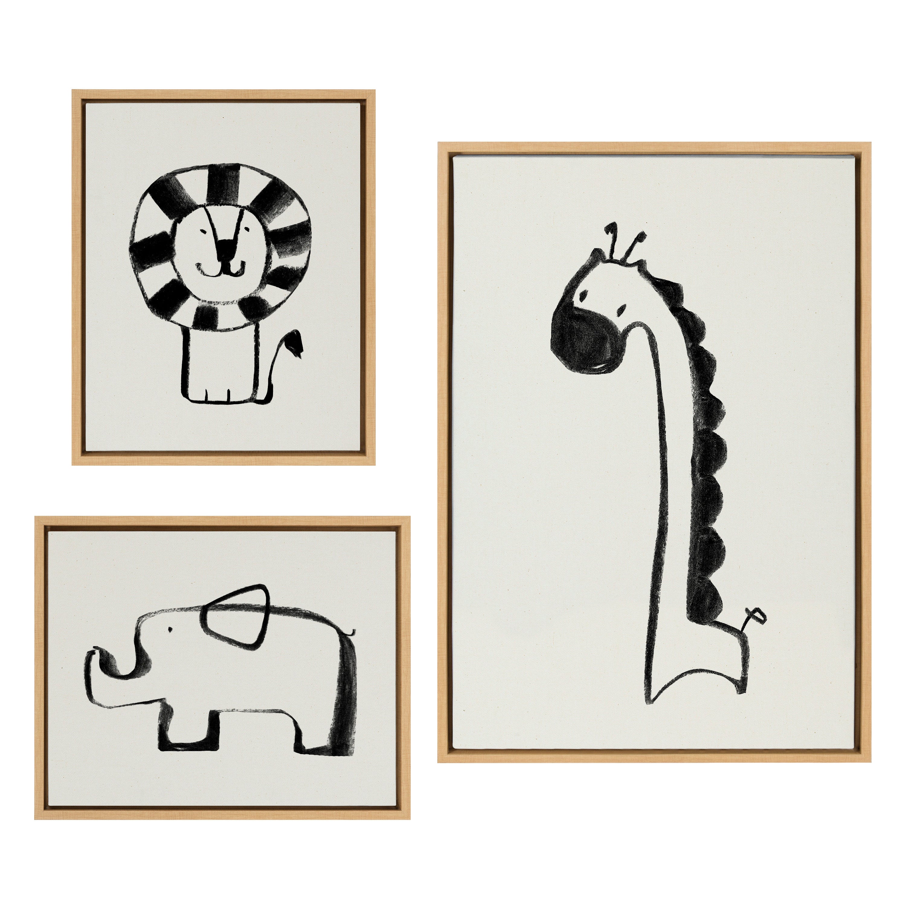 Sylvie 390 Giraffe BW, 409 Lion BW and 400 Elephant BW Framed Canvas Art Set by Teju Reval