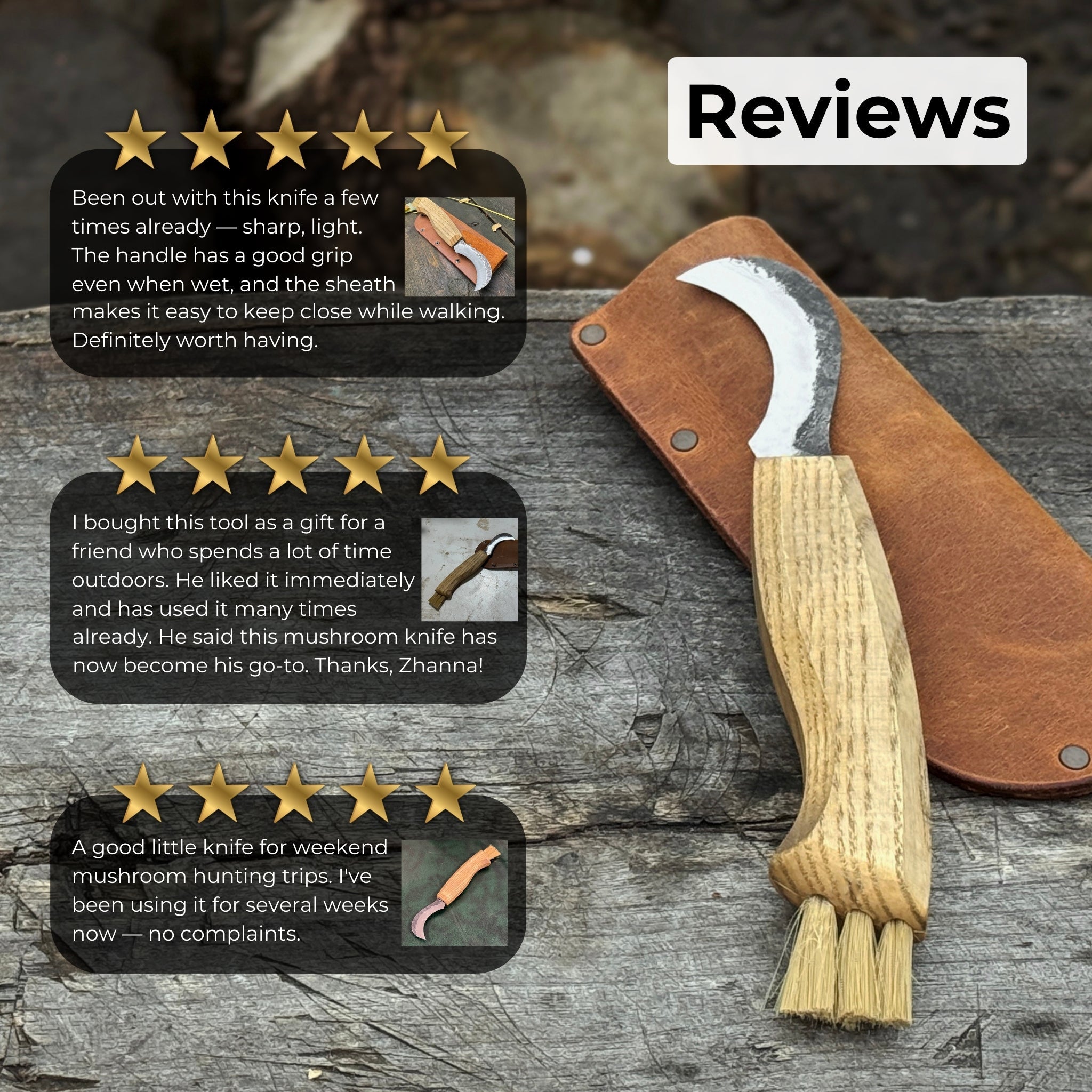 Forged mushroom knife with 6.5 cm carbon steel blade, ash wood handle, and built-in brush by Sharky Forged Steel Tools