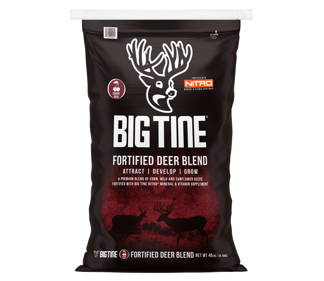 Big Tine Fortified Deer Blend Cherry 40 lb bag with red and white packaging