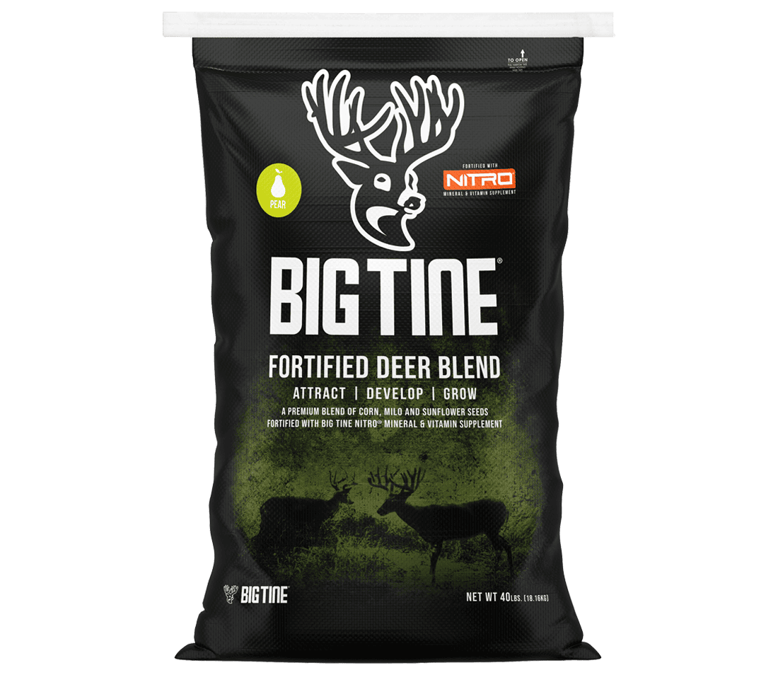 Big Tine Fortified Deer Blend Pear packaging and scattered feed