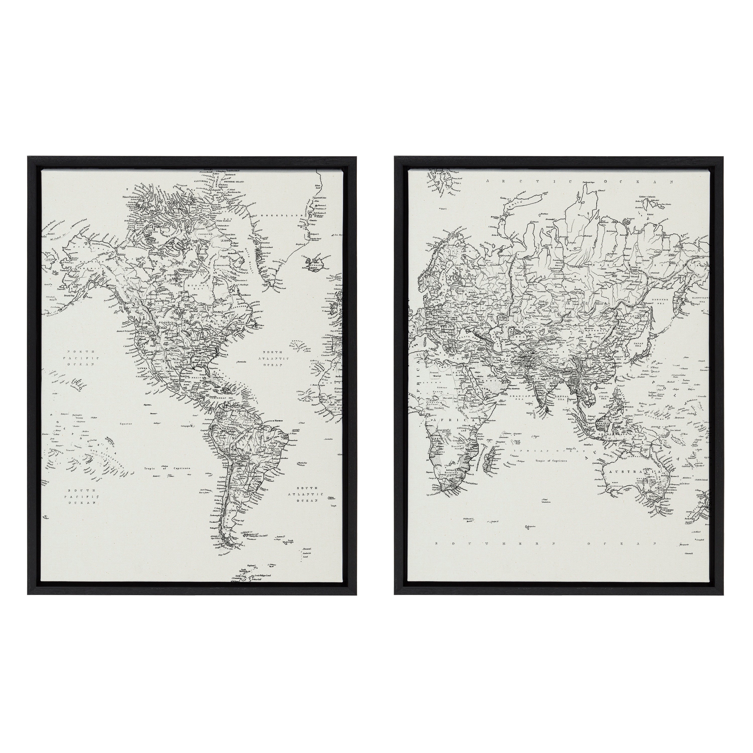 Sylvie Vintage Black and White World Map Framed Canvas Set by kateandlaurel - main product image for Resin Society