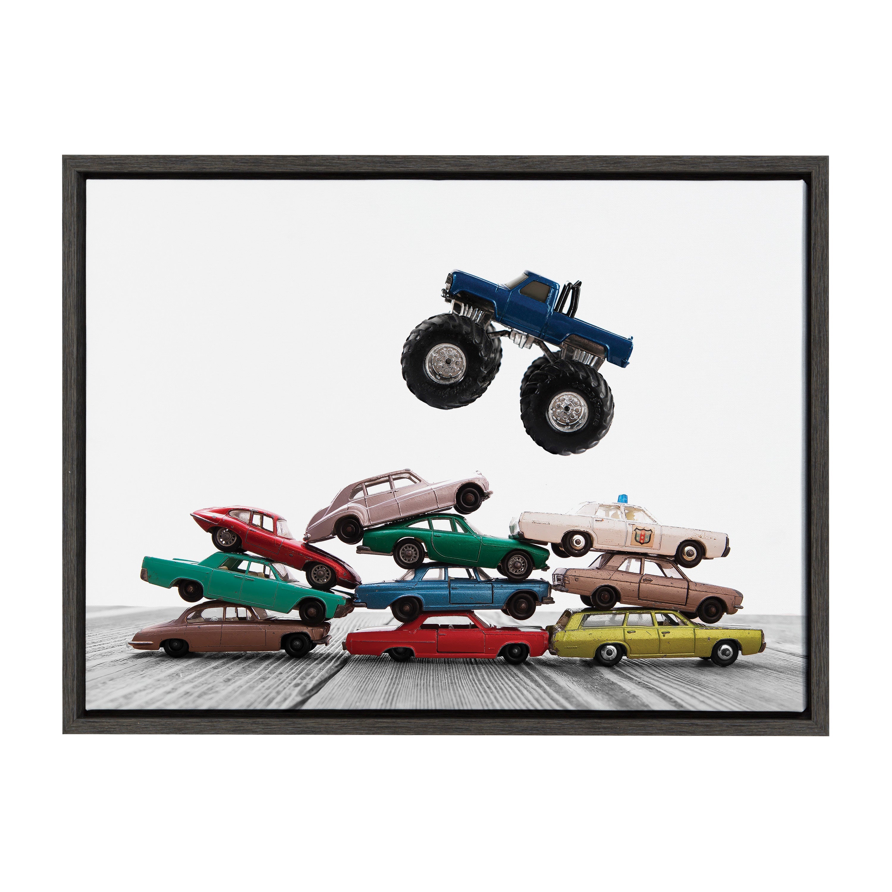Sylvie Vintage Stacked Matchbox Cars and Monster Truck Framed Canvas by Saint and Sailor Studios