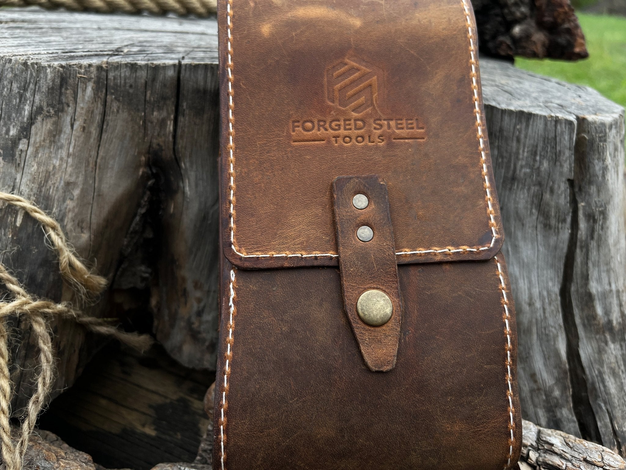 Handmade 2 pocket leather tool case made from Crazy Horse leather by Sharky Forged Steel Tools