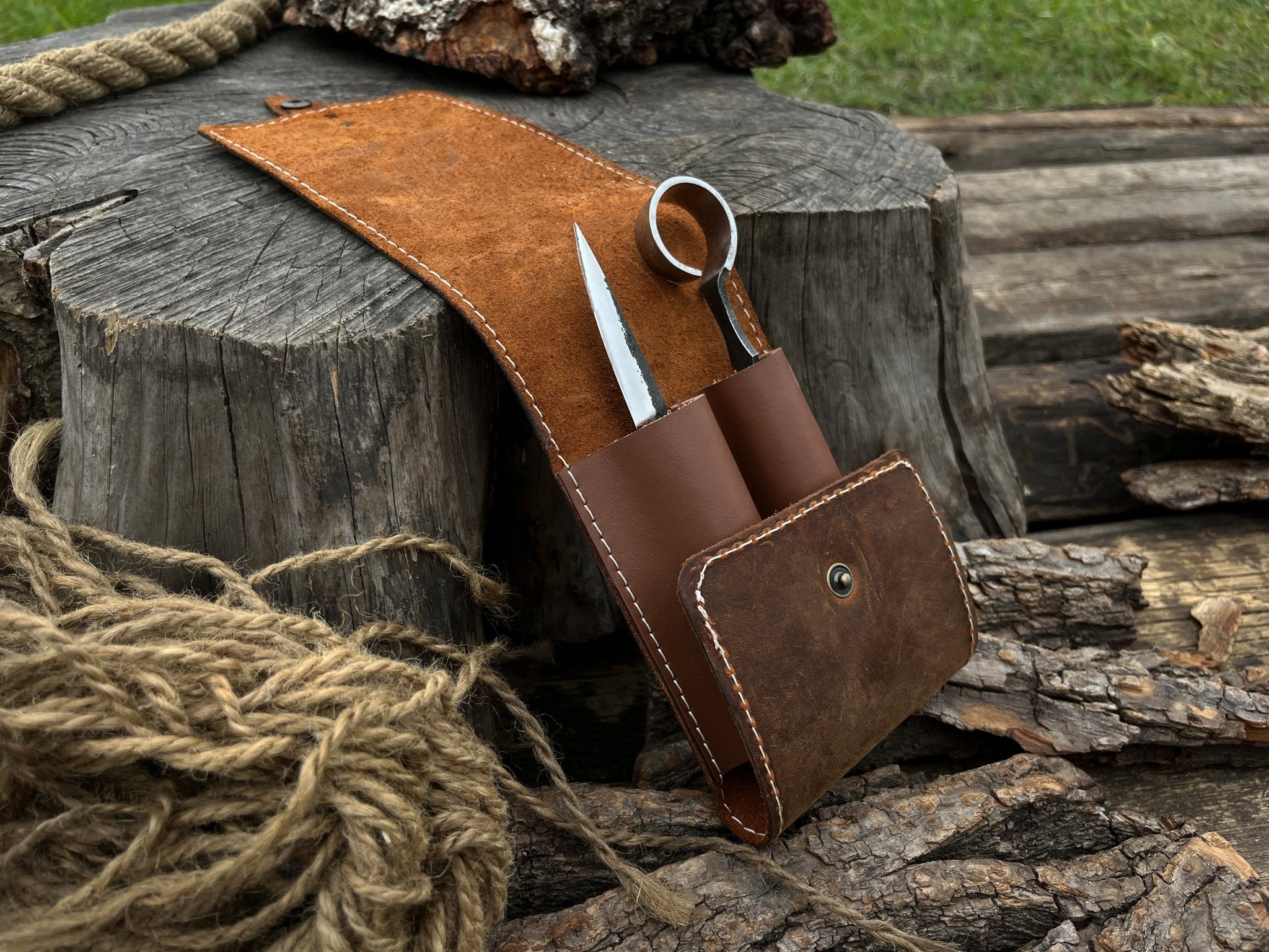 Handmade 2 pocket leather tool case made from Crazy Horse leather by Sharky Forged Steel Tools