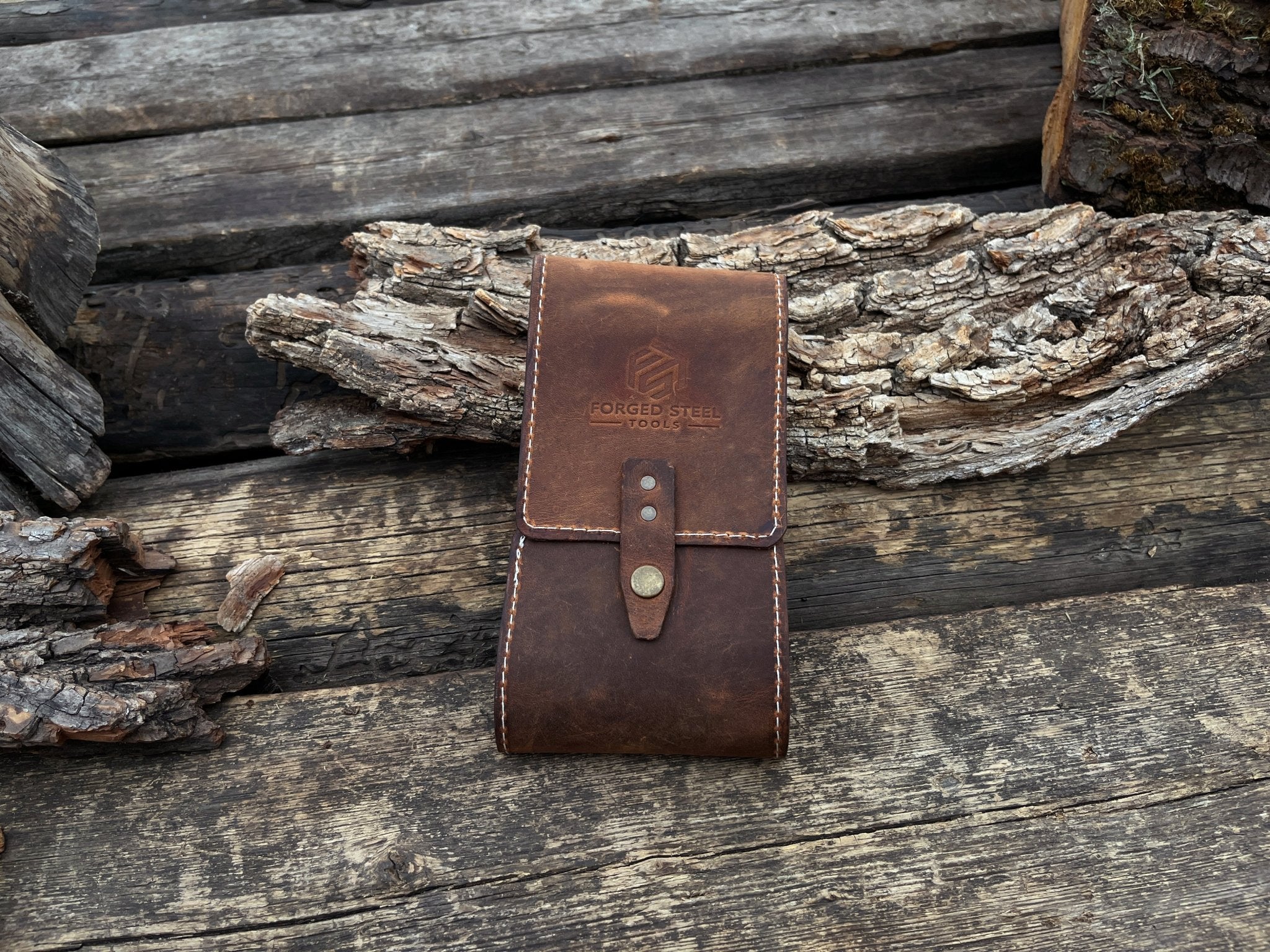 Handmade 2 pocket leather tool case made from Crazy Horse leather by Sharky Forged Steel Tools
