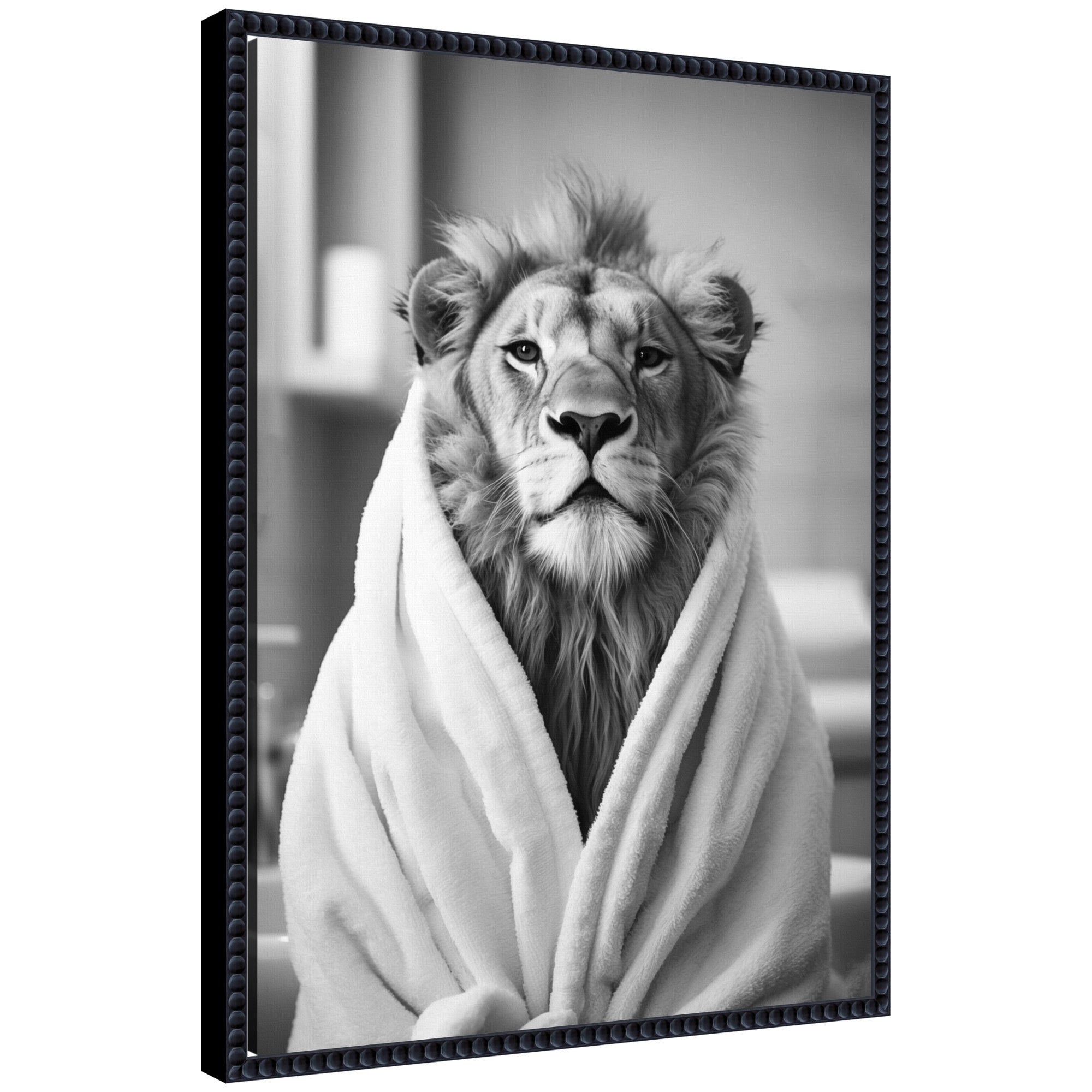 Sylvie Lion black and white framed canvas art depicting a lion in a towel robe