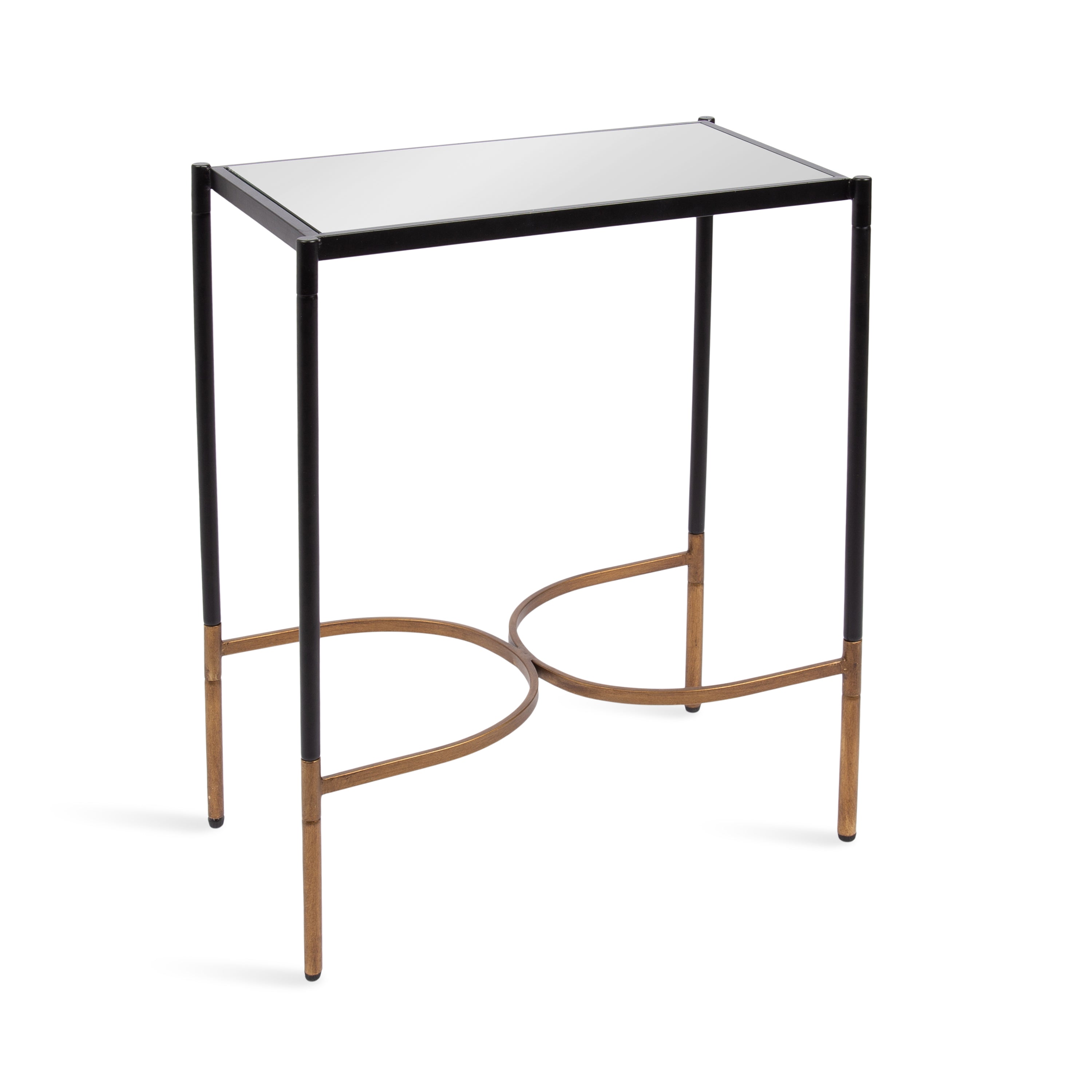 Catriona Side Table with mirrored glass top and geometric iron base in black finish