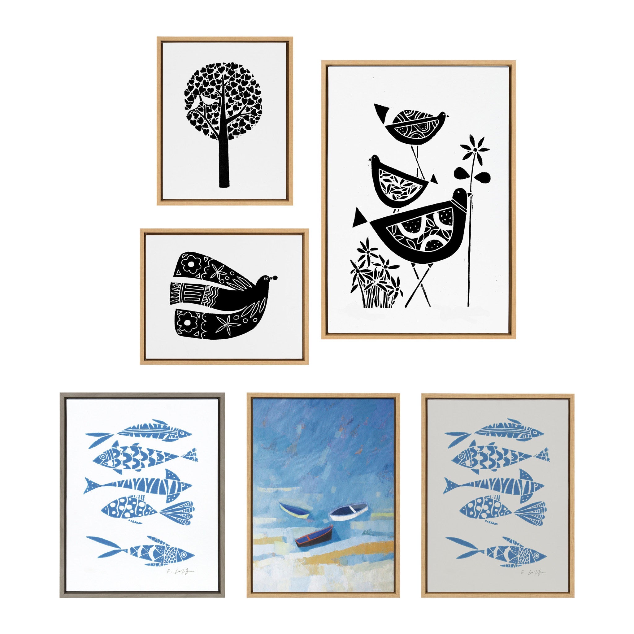 Sylvie Trio Linocut, Love Tree Linocut and Over the Cloud Linocut Framed Canvas Art Set by Giuliana Lazzerini