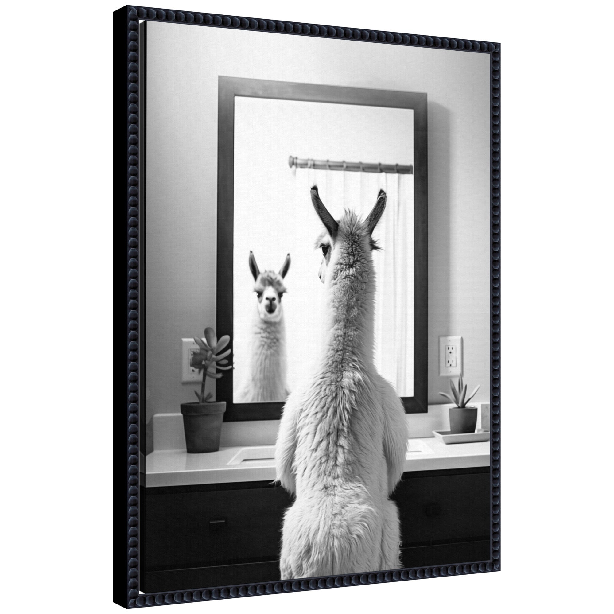 Sylvie Llama Bathroom Art Mirror in black and white featuring a framed canvas with a llama illustration and beaded frame