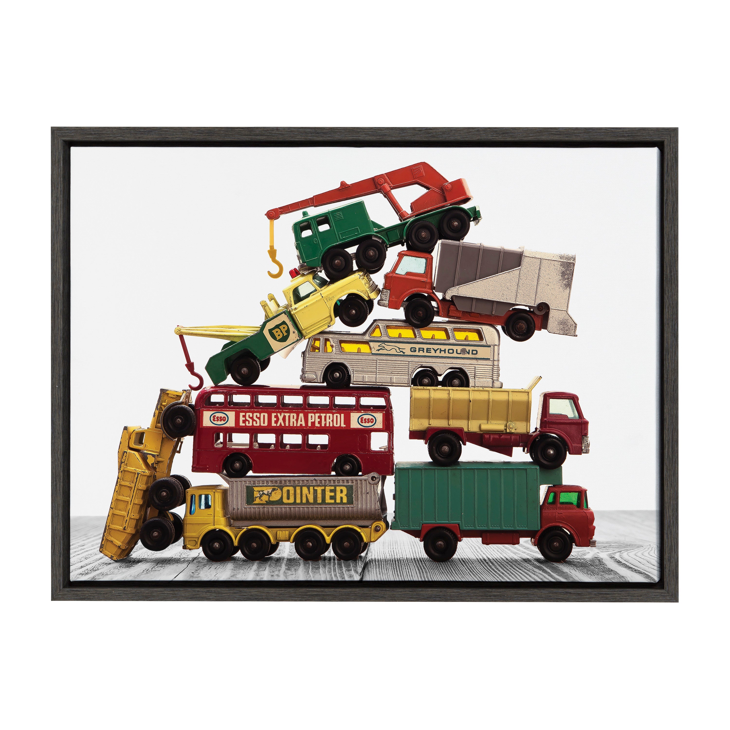 Sylvie Vintage Stacked Matchbox Work Vehicles Pile Framed Canvas by Saint and Sailor Studios