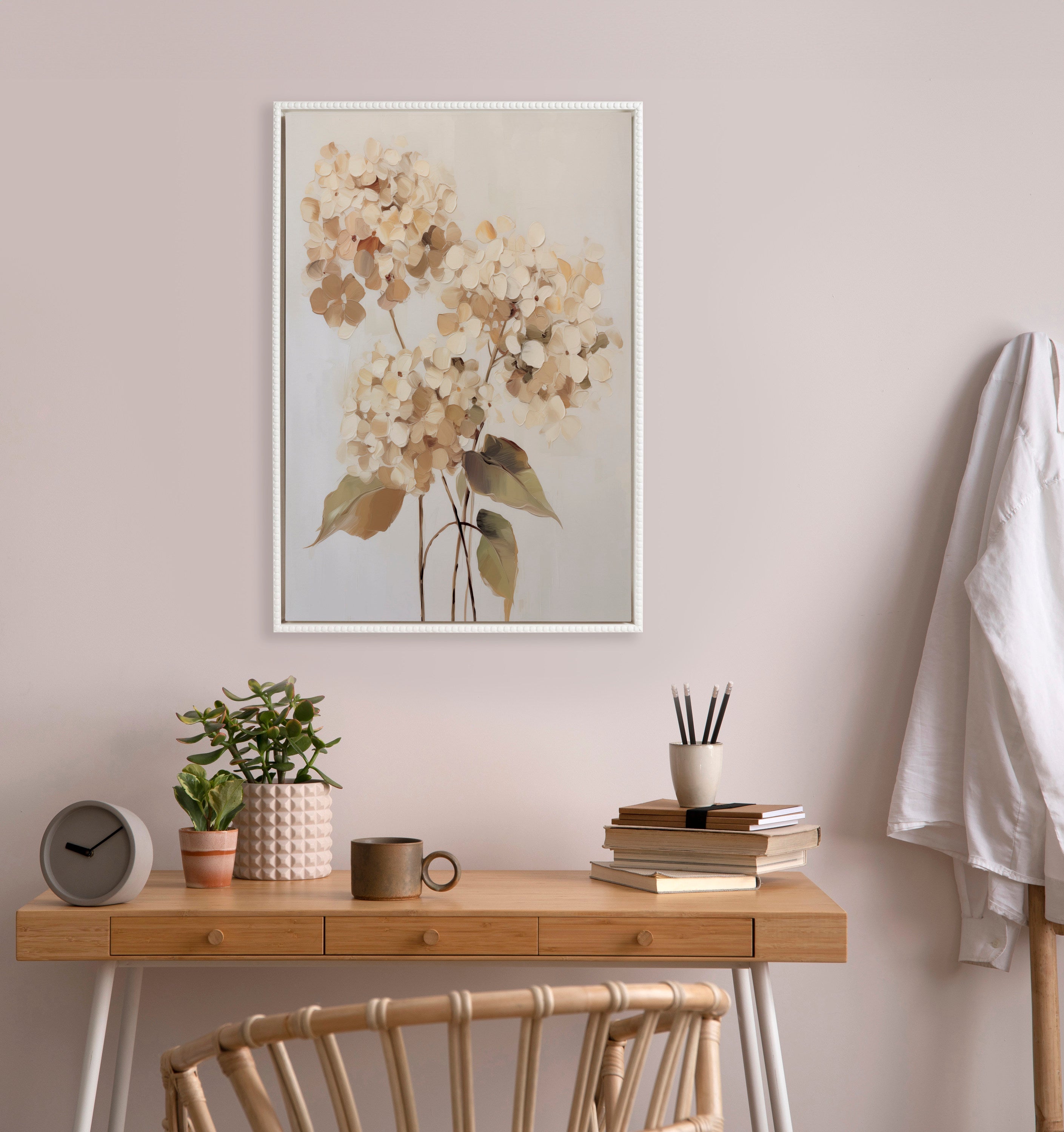 Sylvie Beaded Soft Hydrangeas Framed Canvas by The Creative Bunch Studio