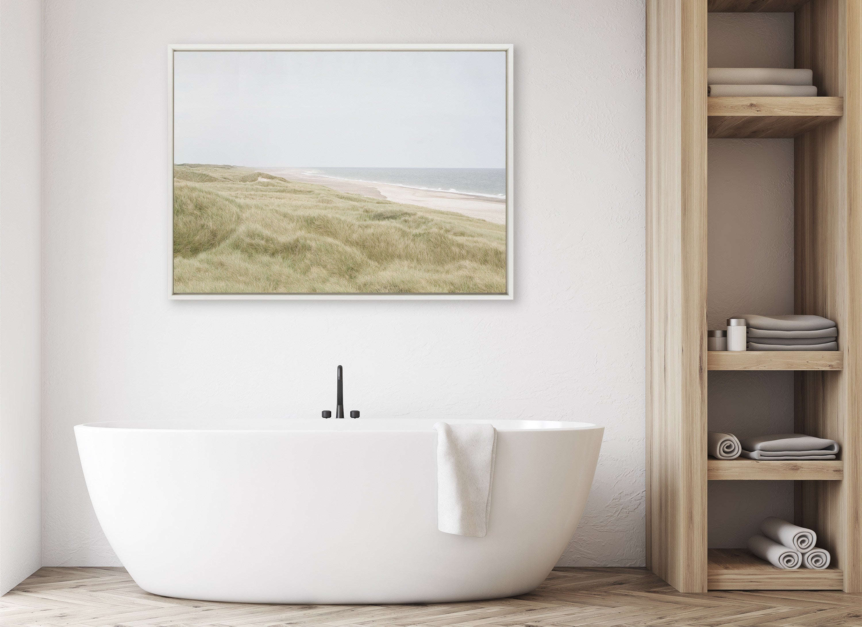 Sylvie Peaceful and Serene Coastal Landscape Framed Canvas by The Creative Bunch Studio