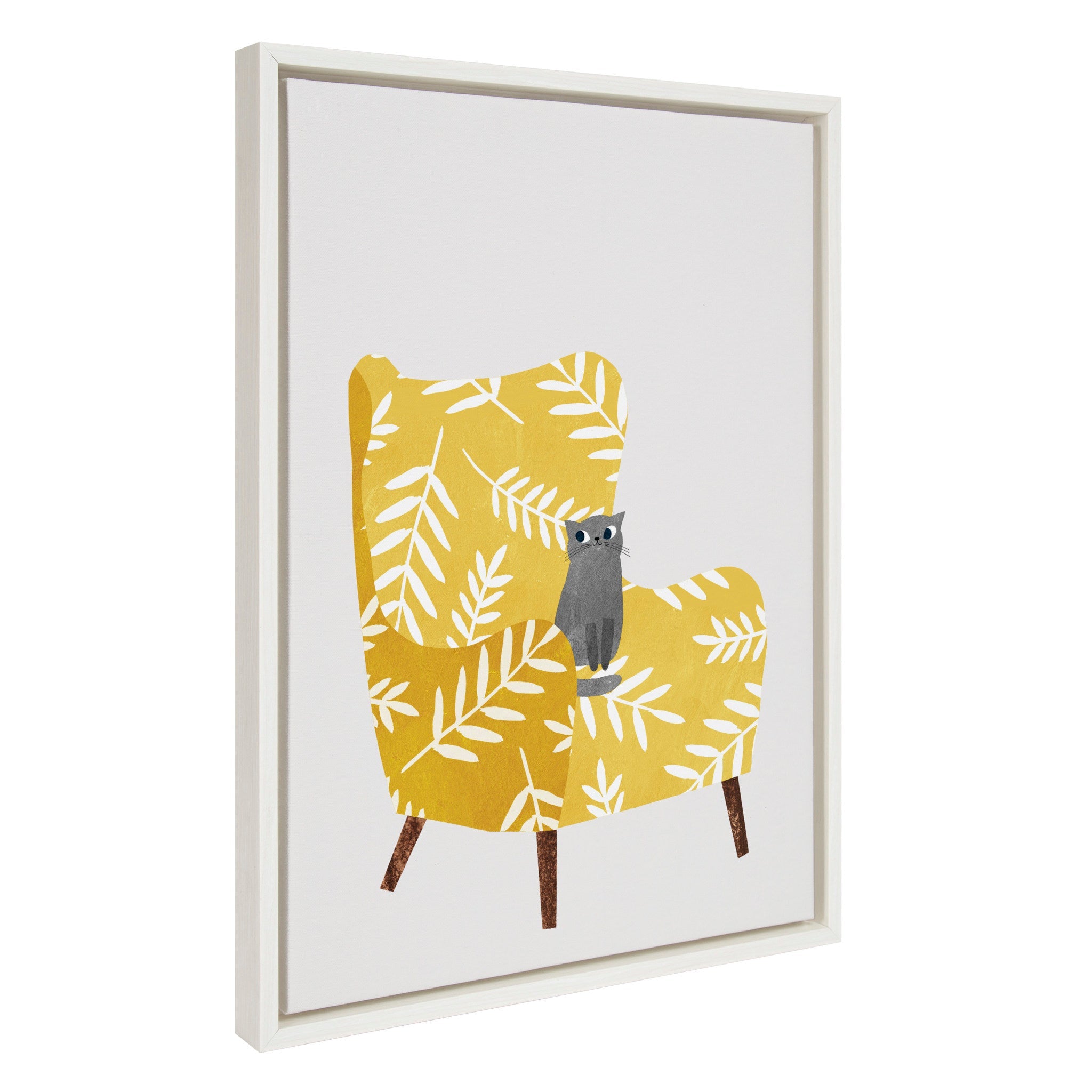 Sylvie 5 Mustard Chair Framed Canvas by Planet Cat showing a yellow chair with cat figure in a white frame