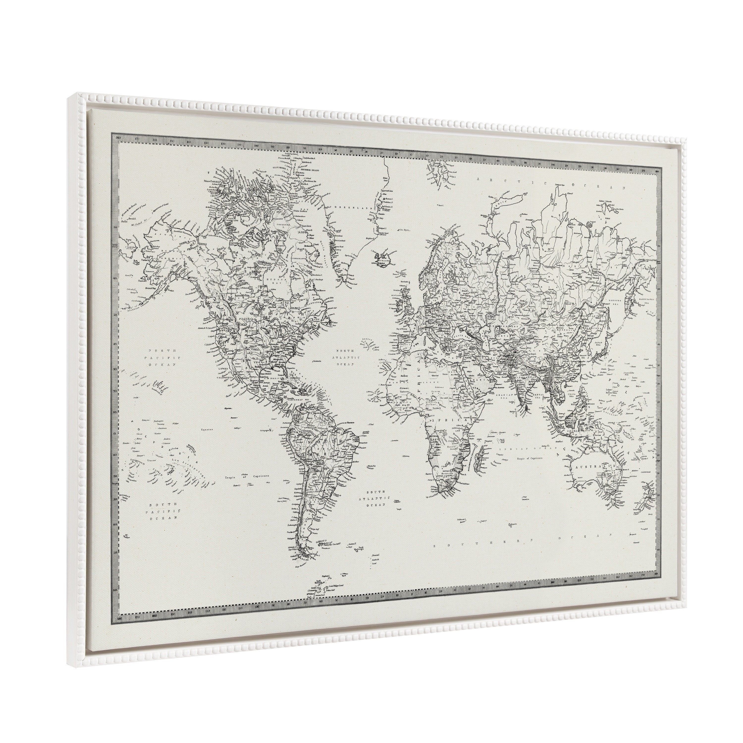 Sylvie Beaded Vintage Black and White World Map in White Frame on Wall