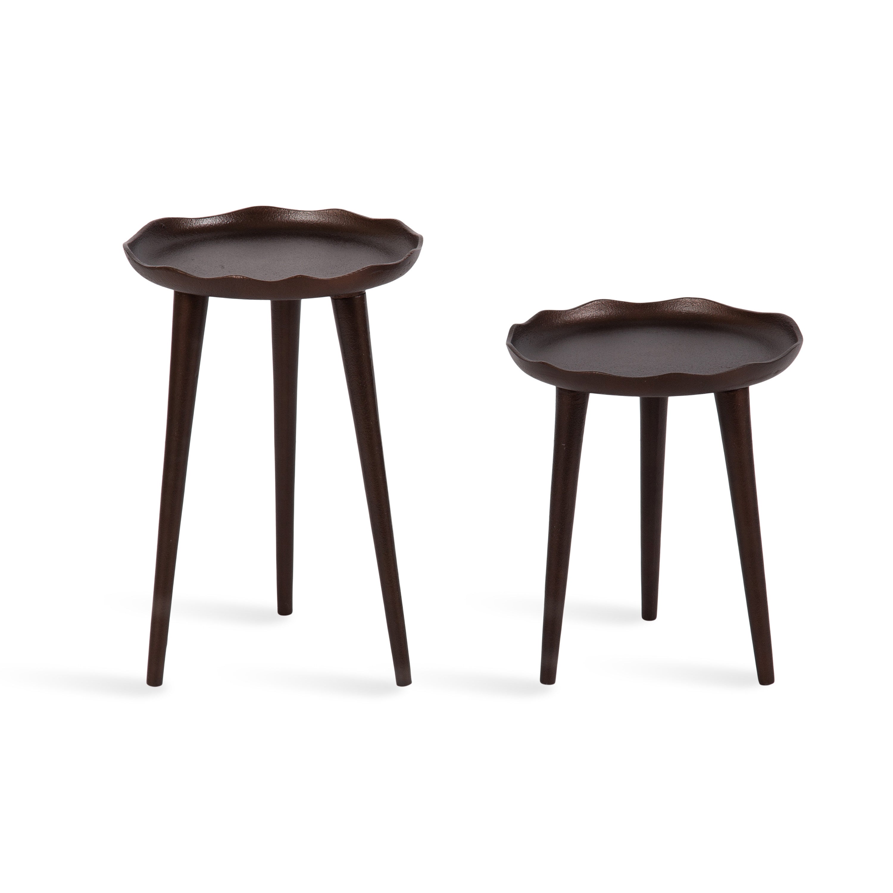 Two sandcast aluminum Alessia plant stands in gold with scalloped round tabletops, each shown with a potted plant.