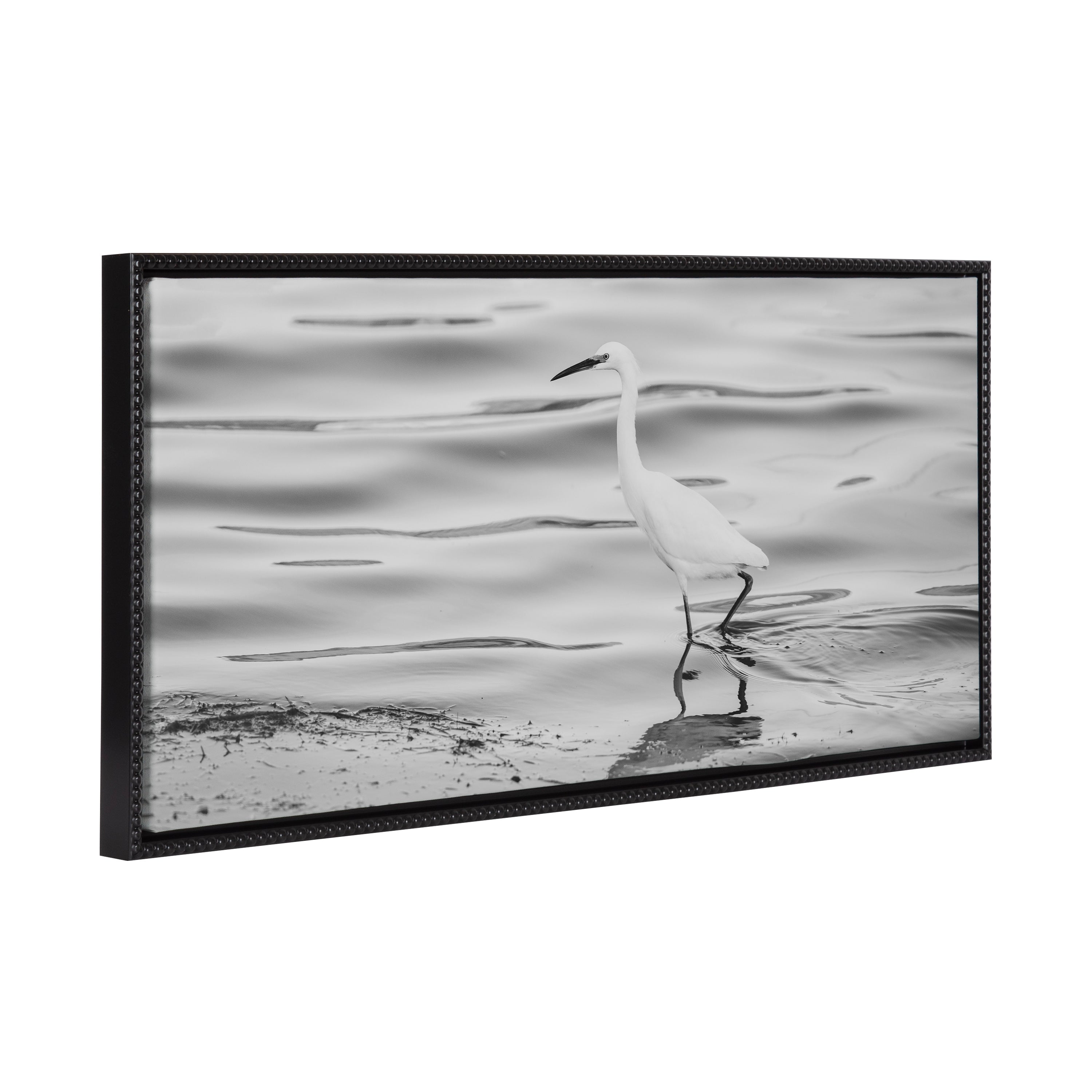 Black and white framed canvas portrait of a snowy egret with vintage beaded frame