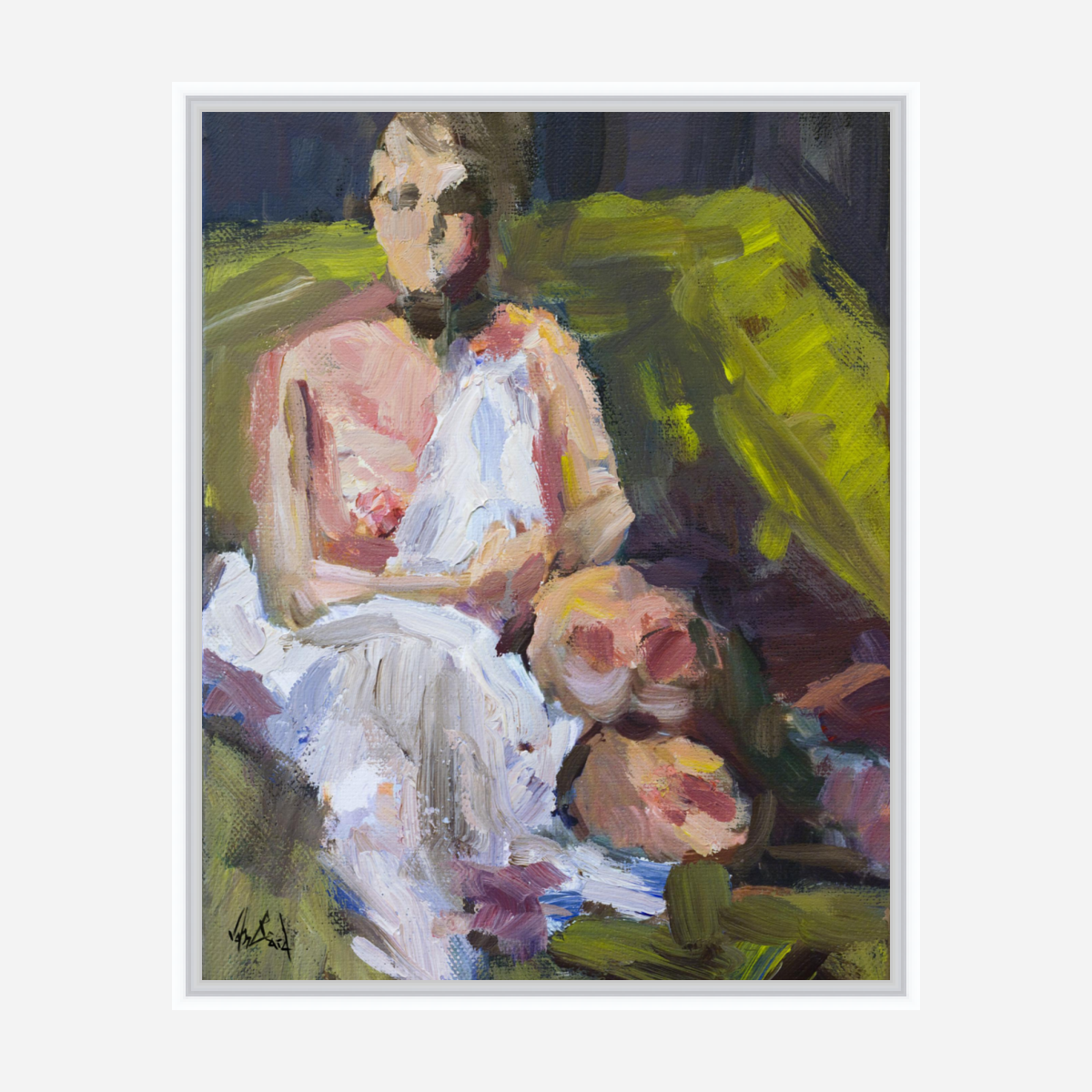 Girl on Green Chair Artist Enhanced Canvas Print by John Beard Collection - product image 6 for Resin Society