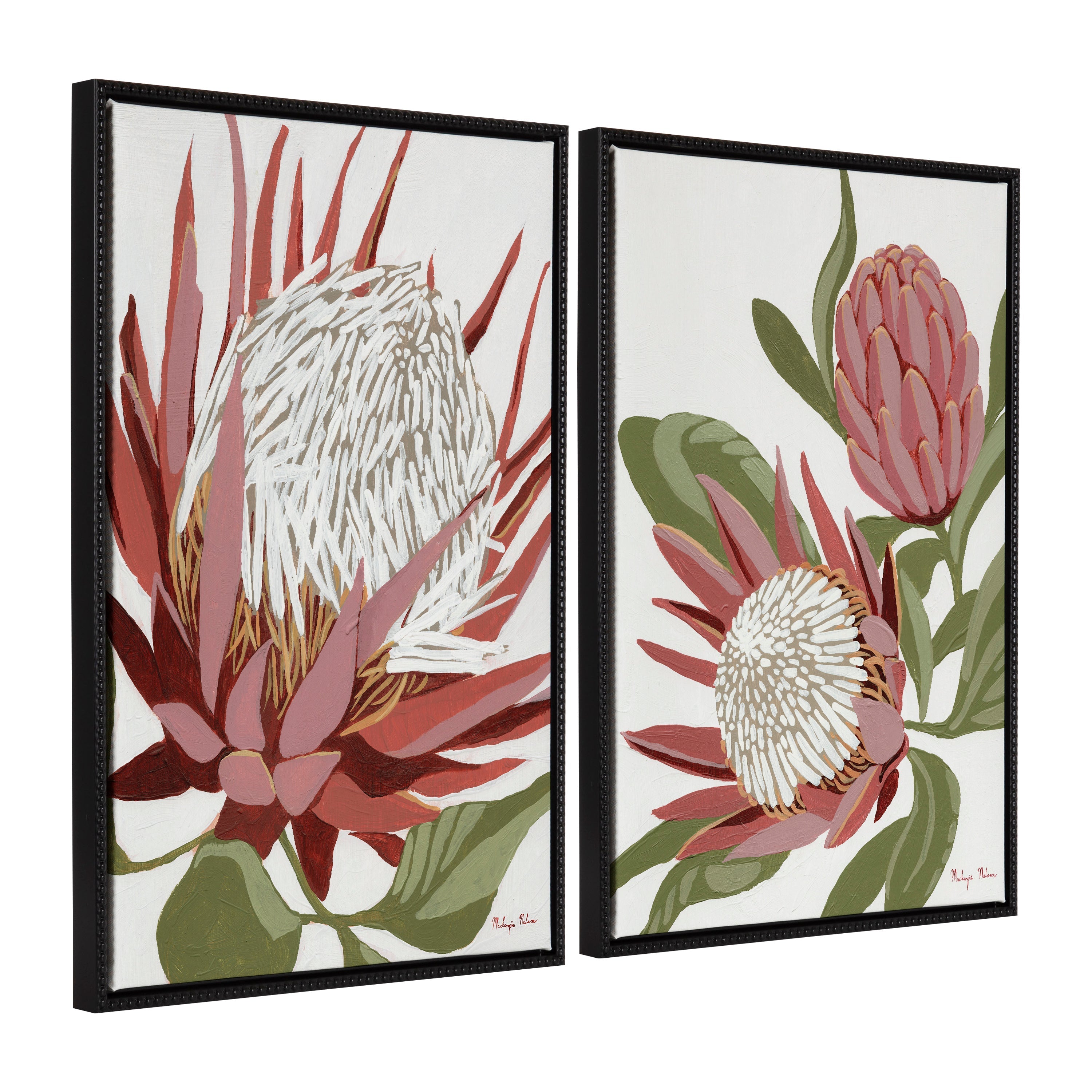 Sylvie Beaded King Protea and King Protea 2 framed floral canvas art set showing bold King Protea flowers with vintage beaded black frame.