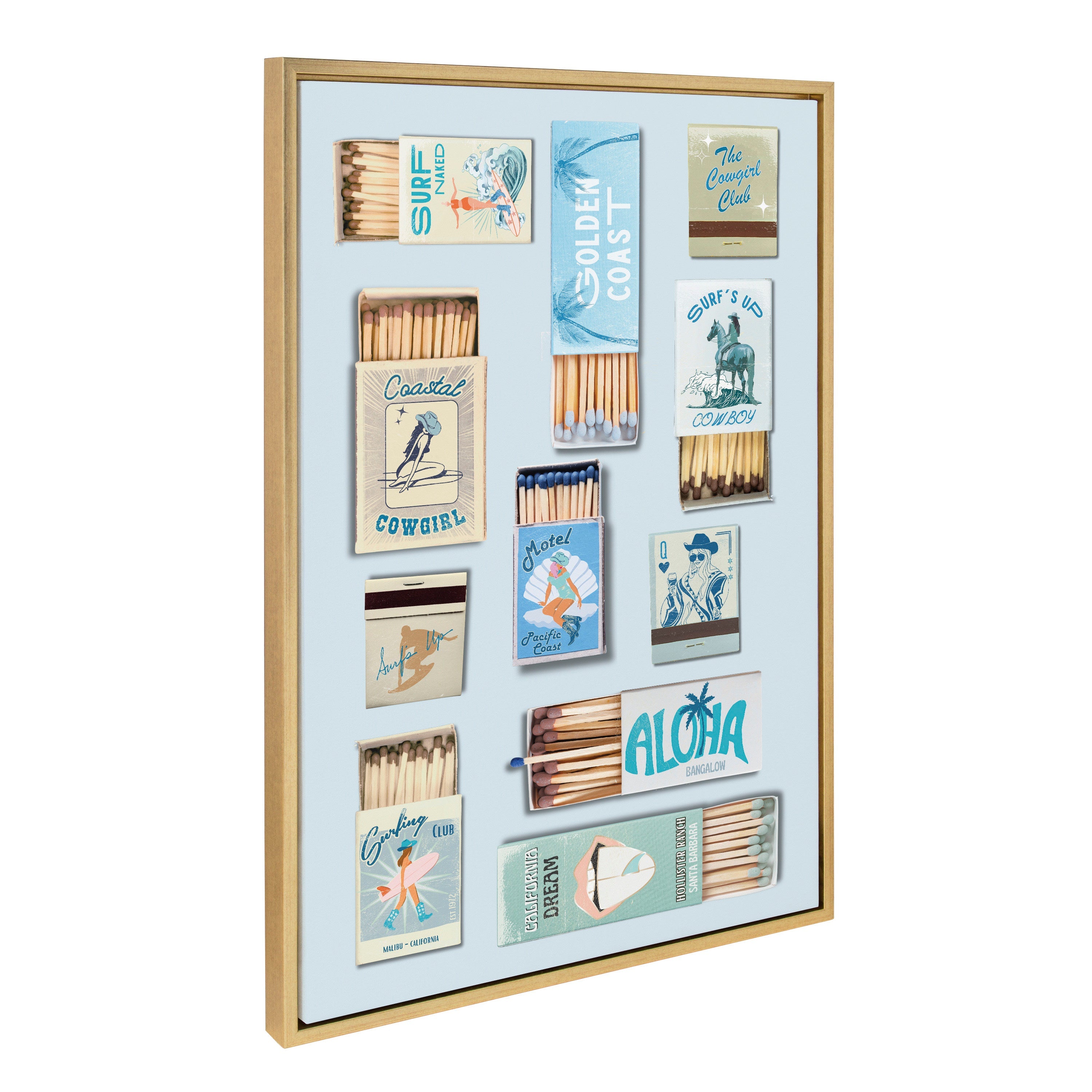 Sylvie Retro Matchbox Blue Coastal Cowgirl framed canvas art with bright gold frame