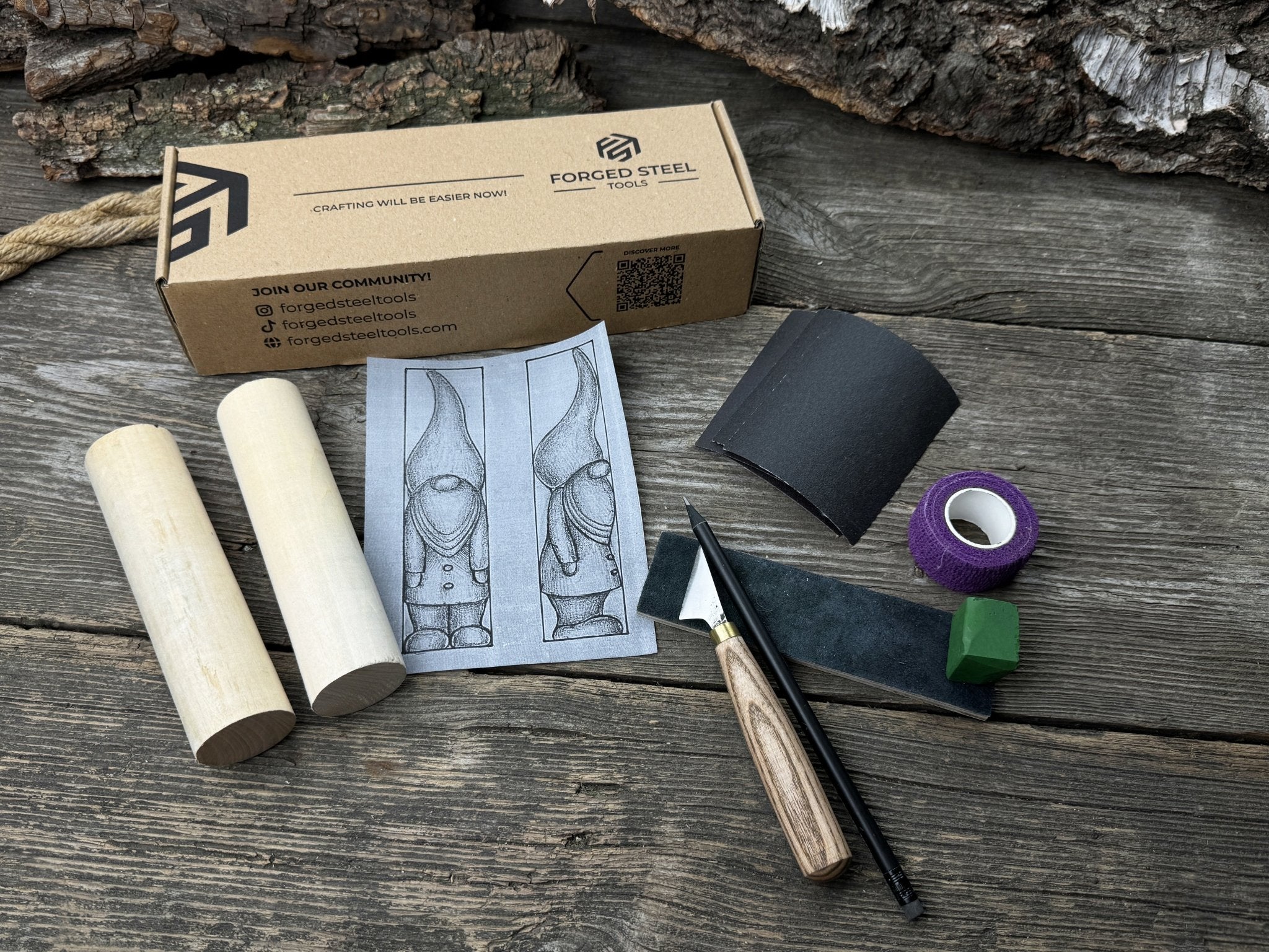 Gnome Carving Kit with carving knife, wooden blocks, sandpaper, sharpening board, pencil, and gnome drawing template