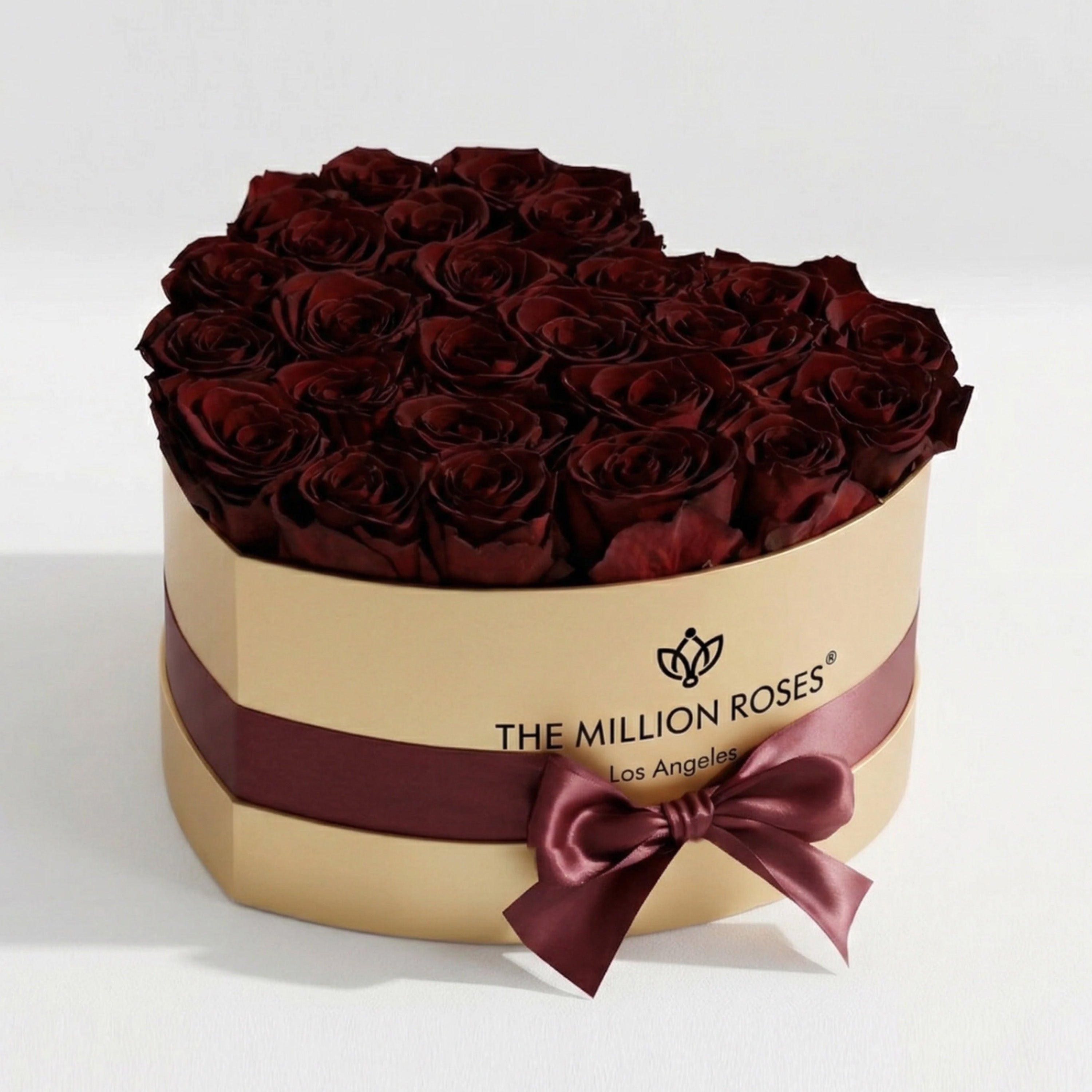 Heart Gold Box with burgundy roses inside a gold heart-shaped box
