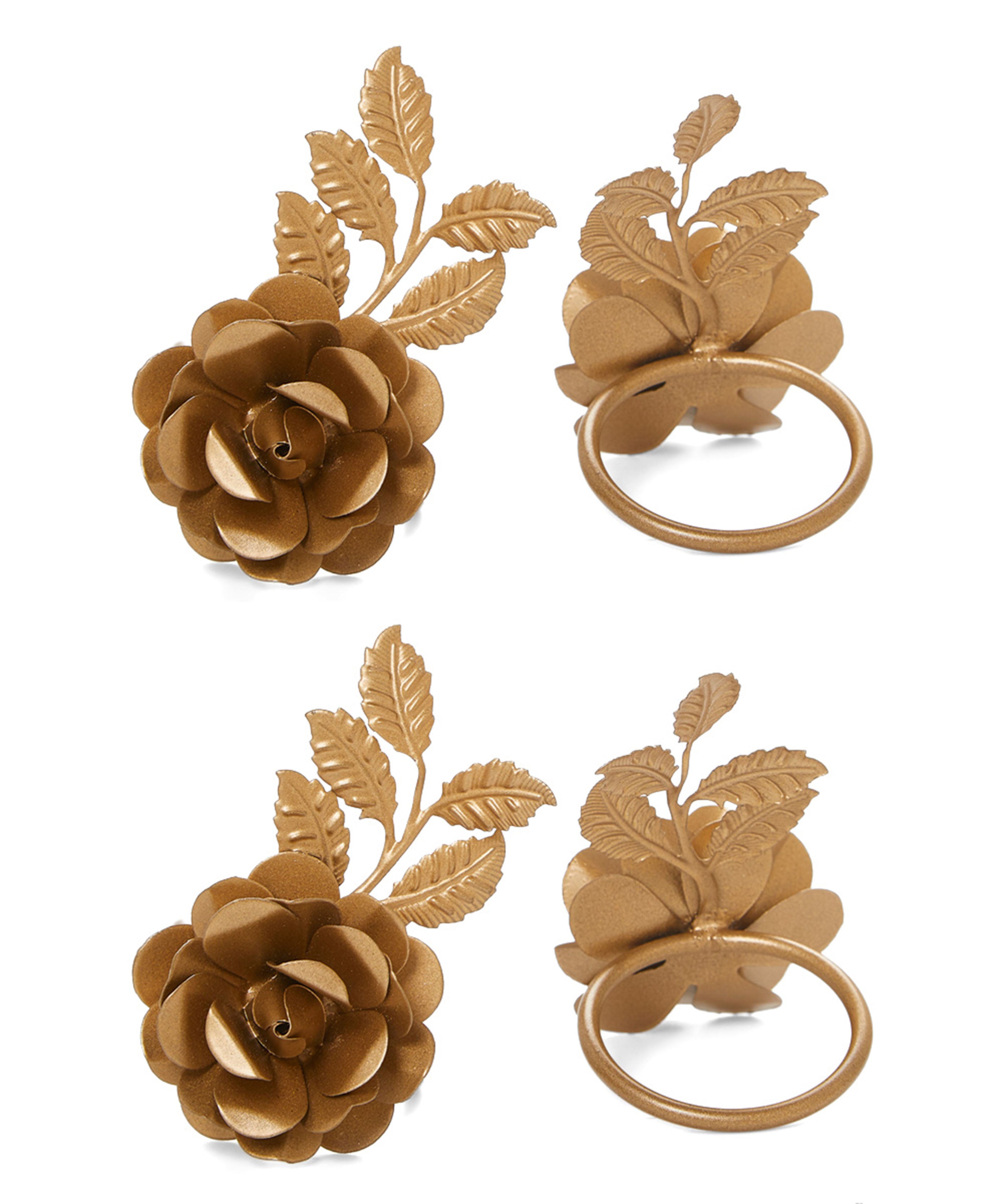 Set of four Vibhsa Golden Rose napkin rings displayed on a white surface