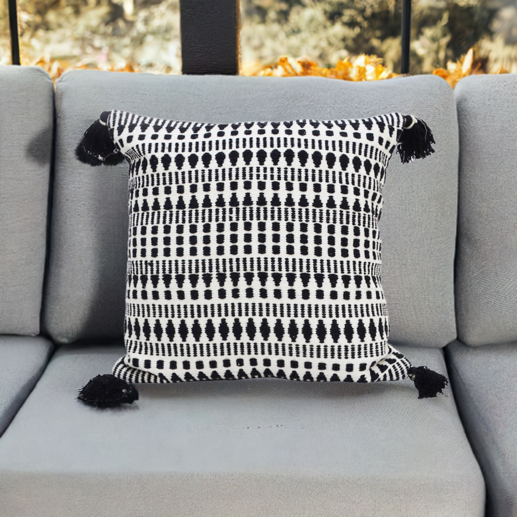 Black 22" X 22" Throw Pillow for Couch with Tassels-Winter