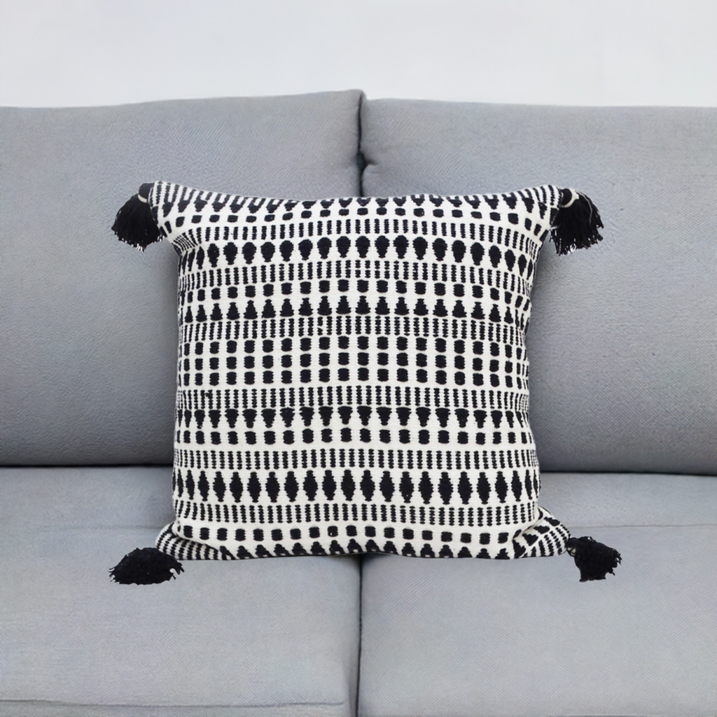 Black 22" X 22" Throw Pillow for Couch with Tassels-Winter