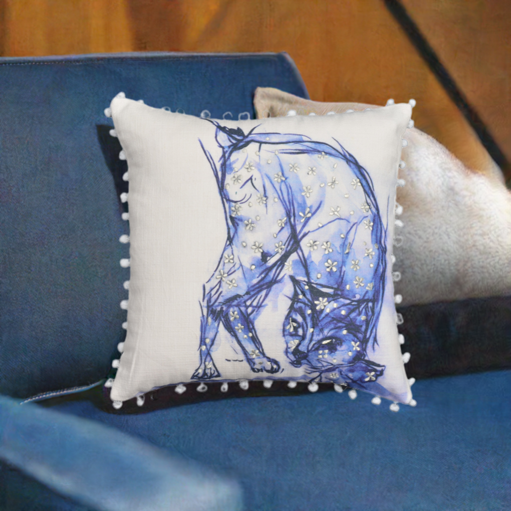Blue Decorative Pillow with Pom-Poms Cat 18"x18"