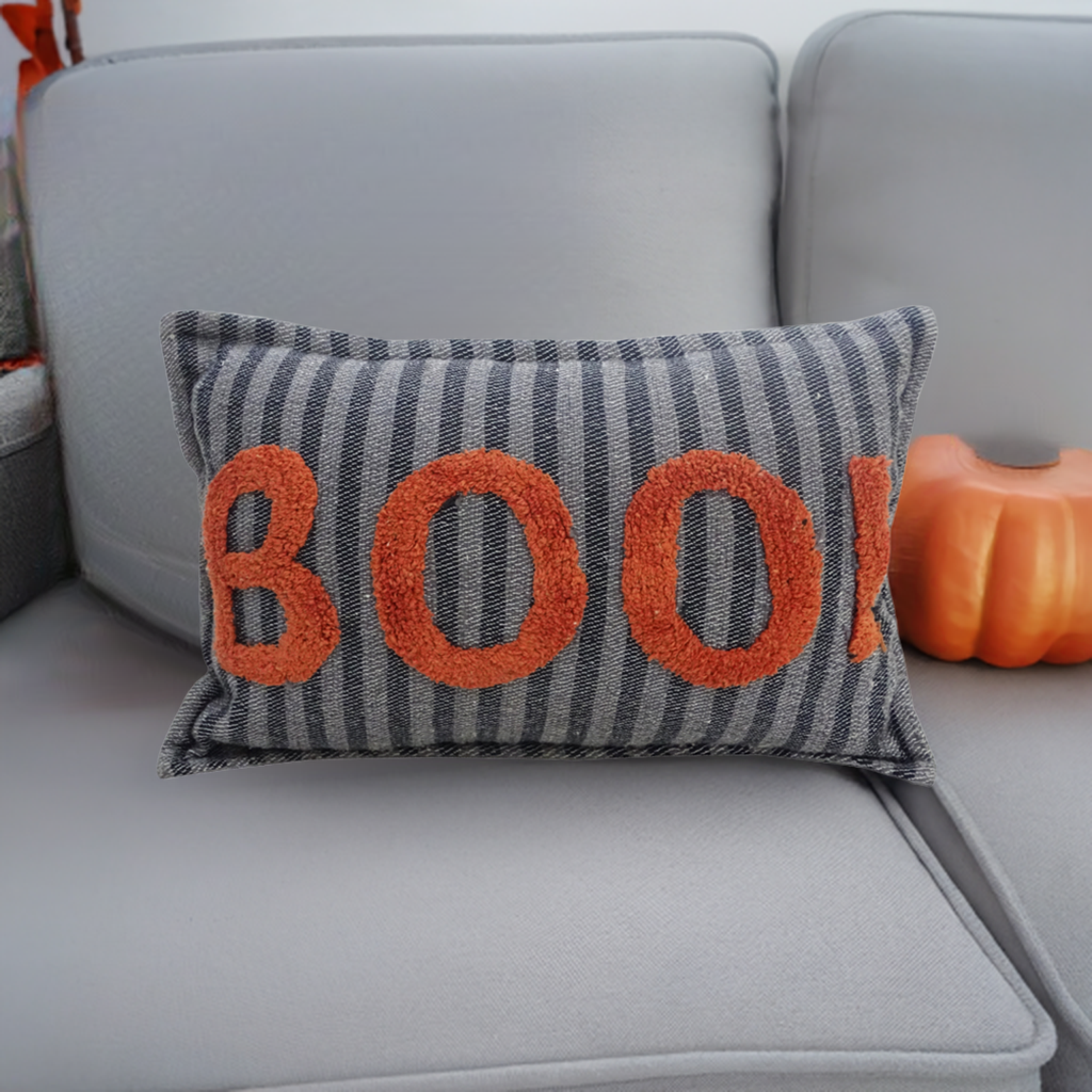 Halloween Throw Pillow Texted BOO! with orange and black decorative patterns and word BOO! embroidered, 14" x 24" size