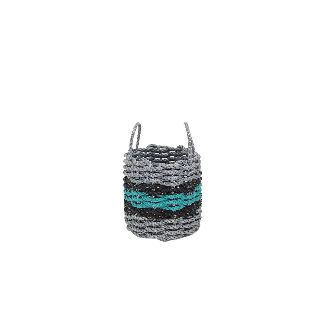 Lobster rope basket in light gray and teal with black accents, shown in multiple sizes