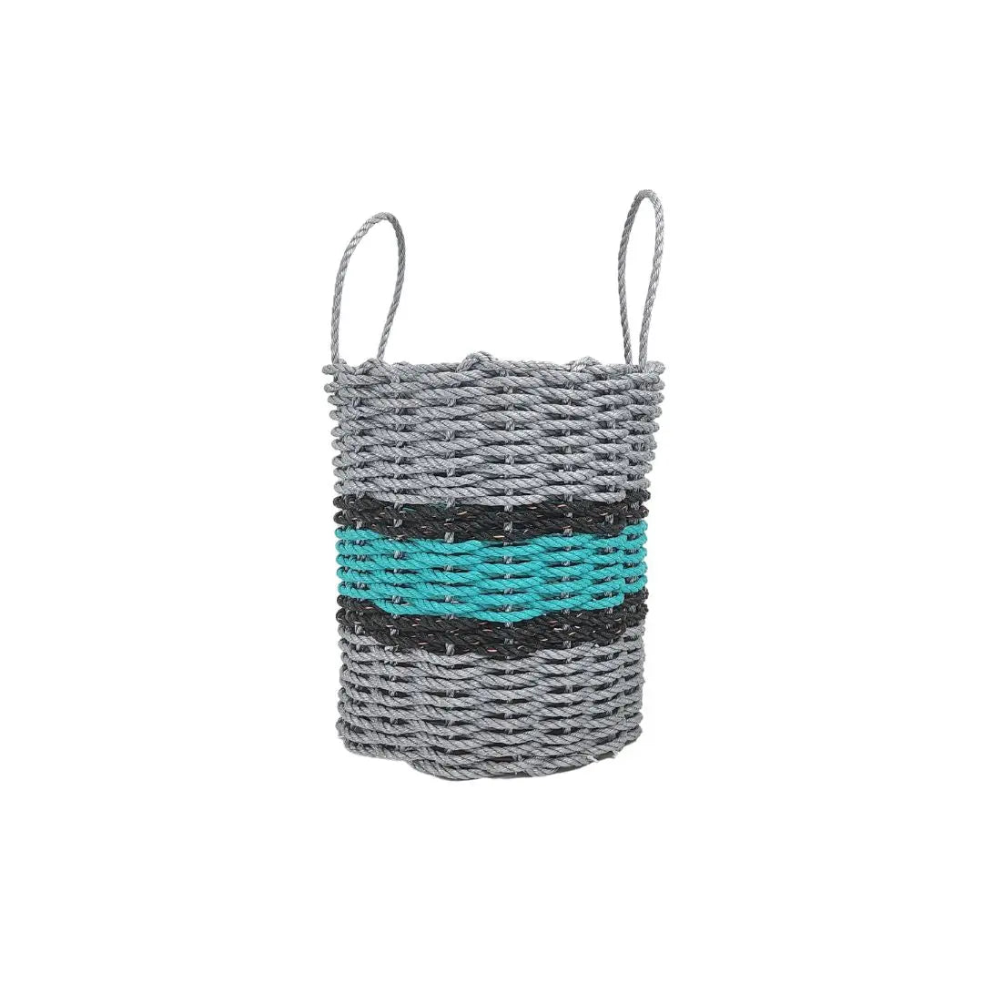 Lobster rope basket in light gray and teal with black accents, shown in multiple sizes