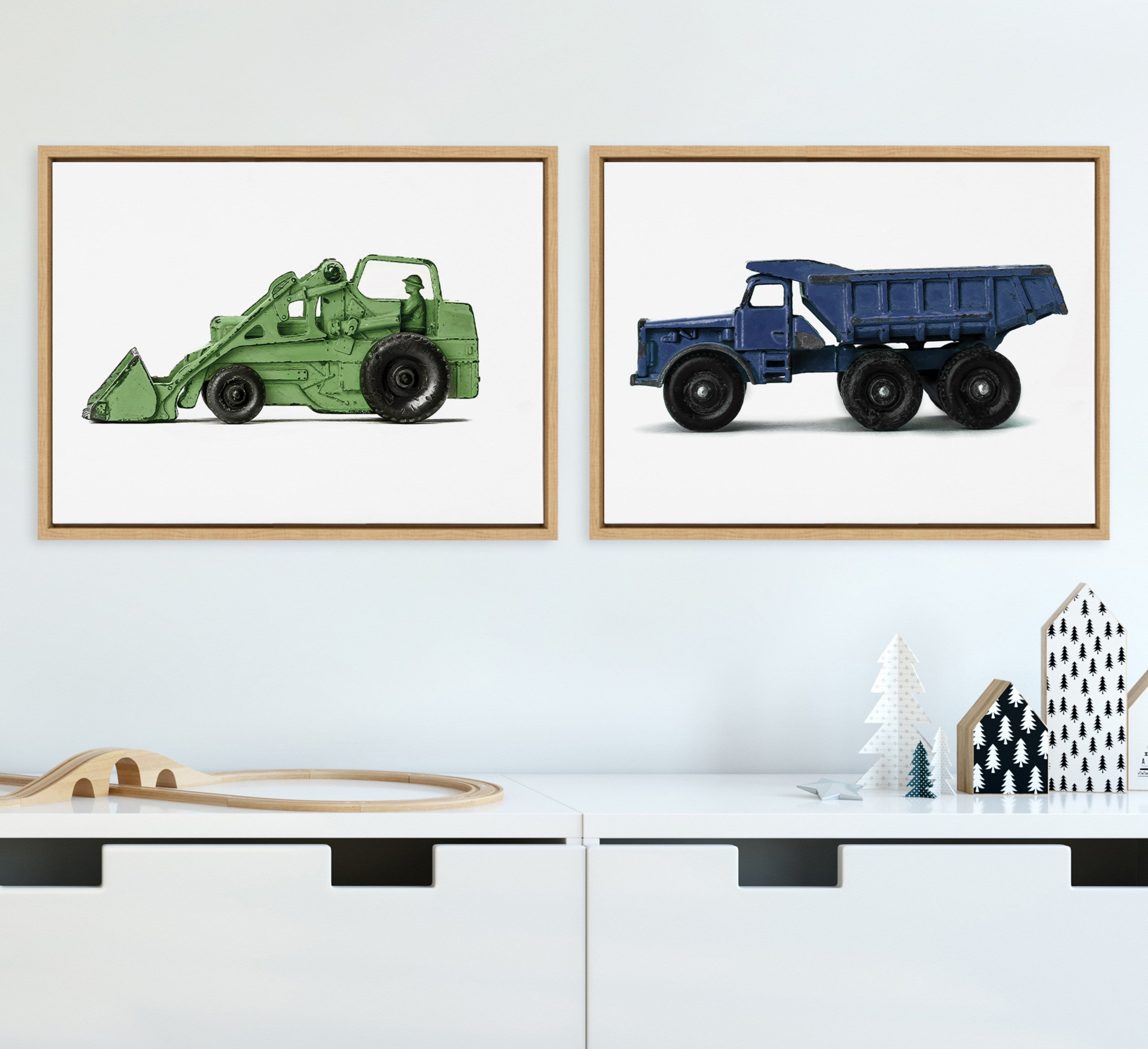 Sylvie Vintage Toy Tractor and Dump Truck Framed Canvas Art Set by Saint and Sailor Studios