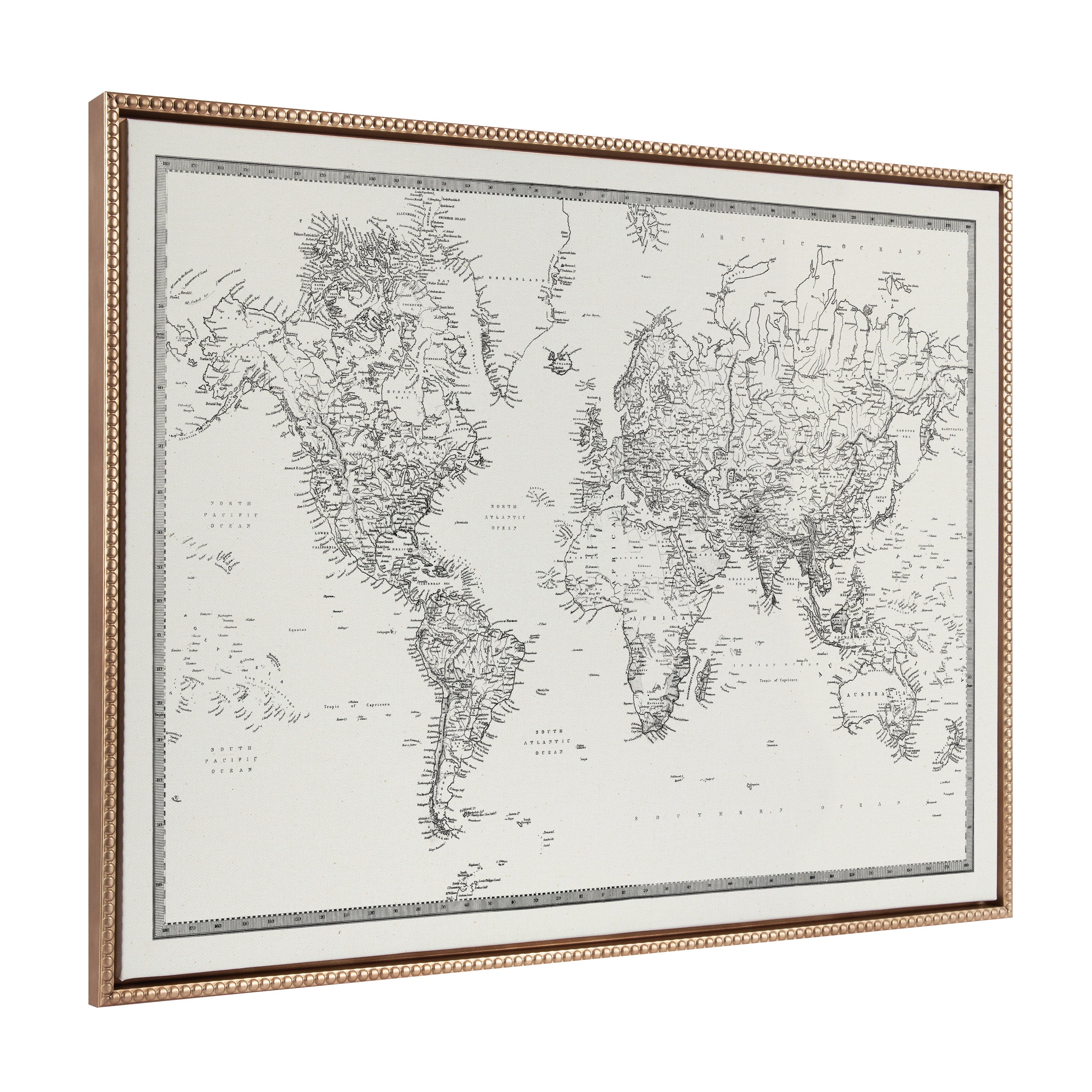 Sylvie Beaded Vintage Black and White World Map Framed Canvas by The Creative Bunch Studio
