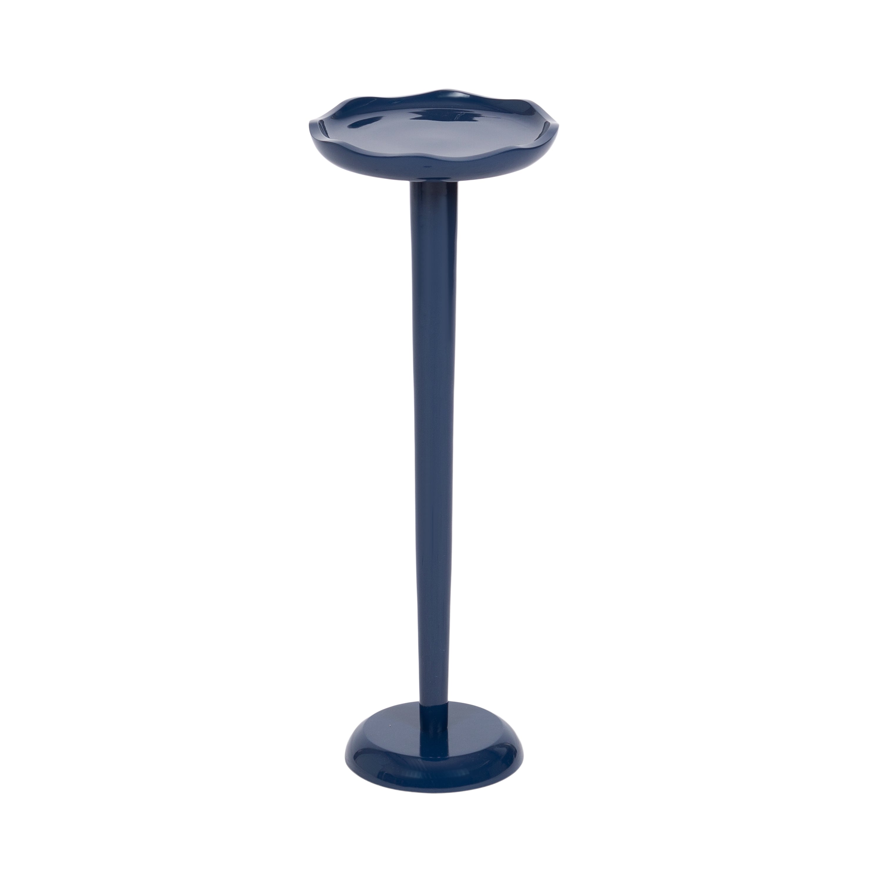 Alessia Colored Drink Table in Pink with scalloped edge tabletop, pedestal base on wood floor