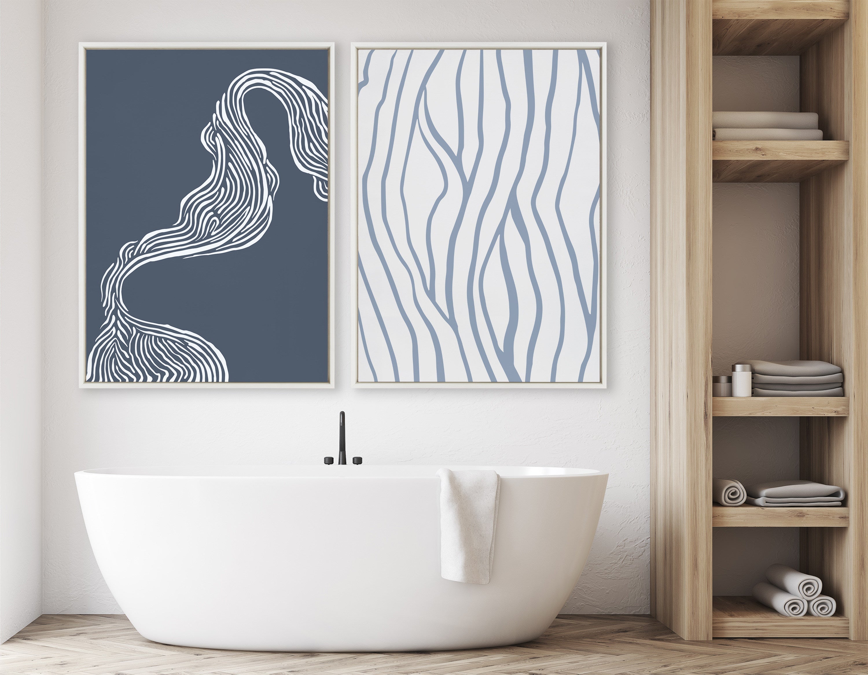 Sylvie Simple Elegant Coastal Waves Framed Canvas by The Creative Bunch Studio