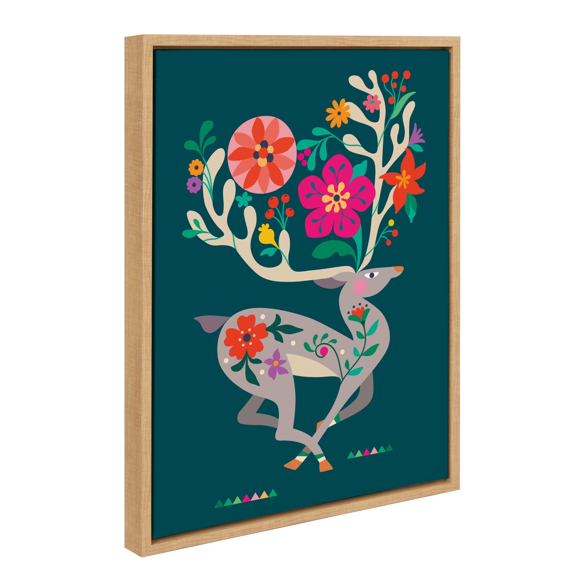 Sylvie Reindeer 2 framed canvas art showing a stylized reindeer with festive elements in a natural-colored frame