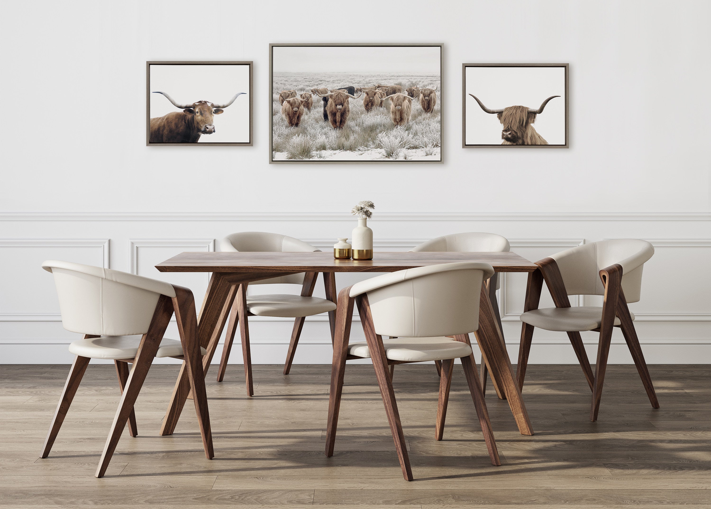 Sylvie Texas Longhorn, Highland Cow Portrait Close Color and Herd of Highland Cows Color Framed Canvas Art Set