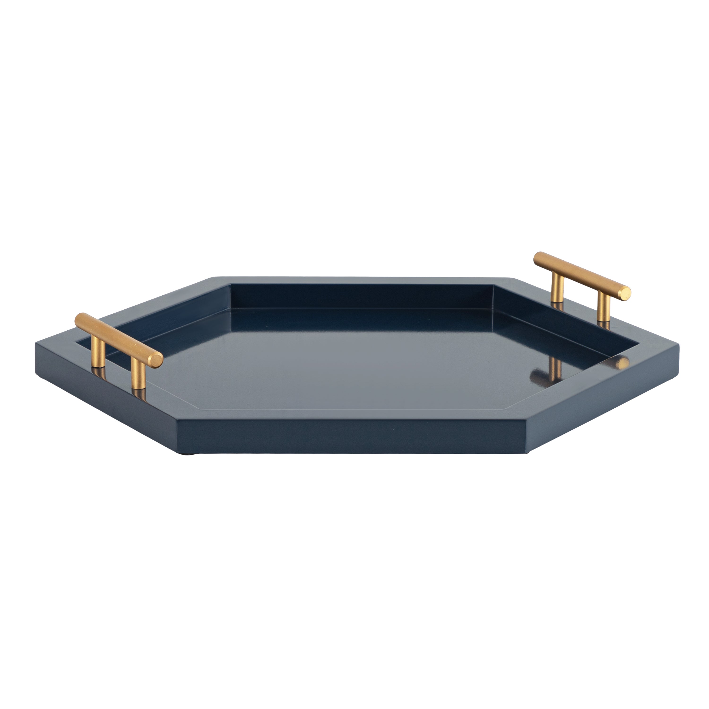 Halsey Hexagon Decorative Tray in black metal with two handles on a dark surface