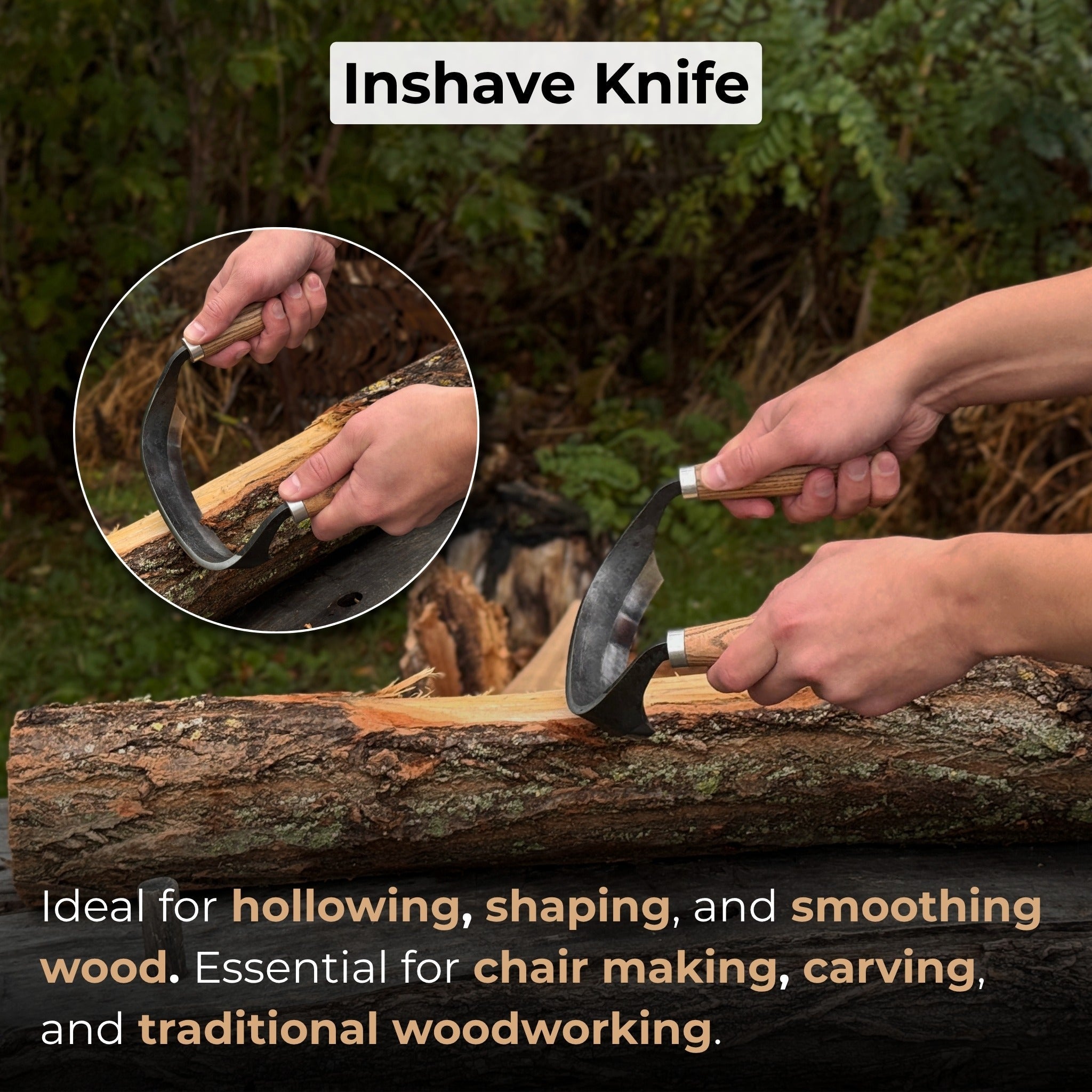 Half-rounded drawknife (inshave) with curved blade and leather sheath