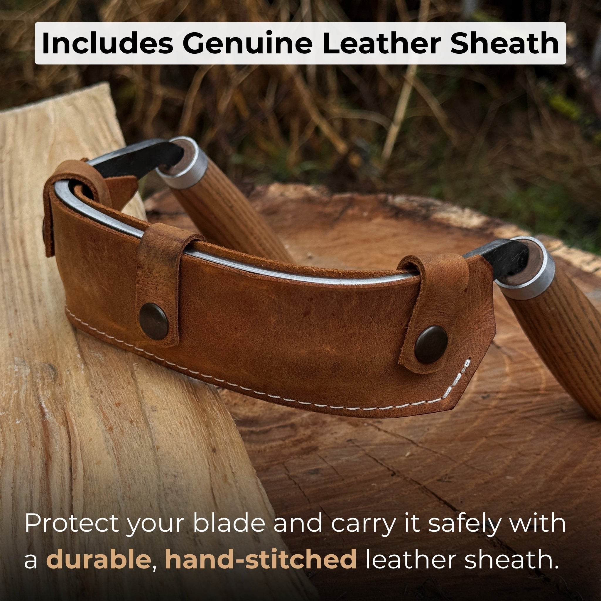 Half-rounded drawknife (inshave) with curved blade and leather sheath