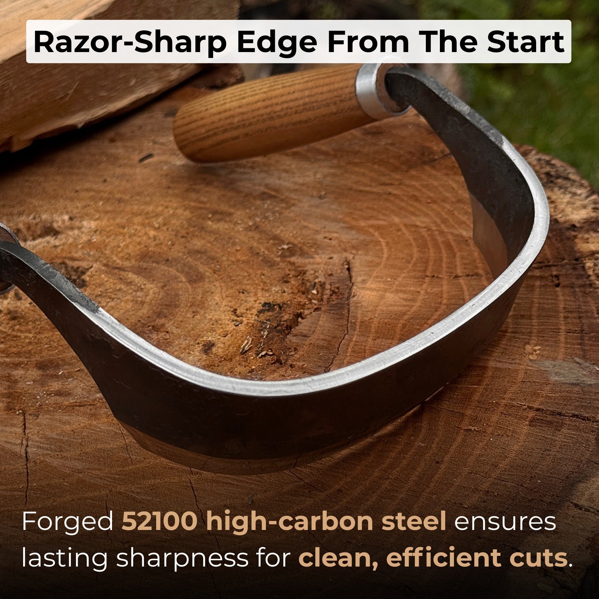 Half-rounded drawknife (inshave) with curved blade and leather sheath
