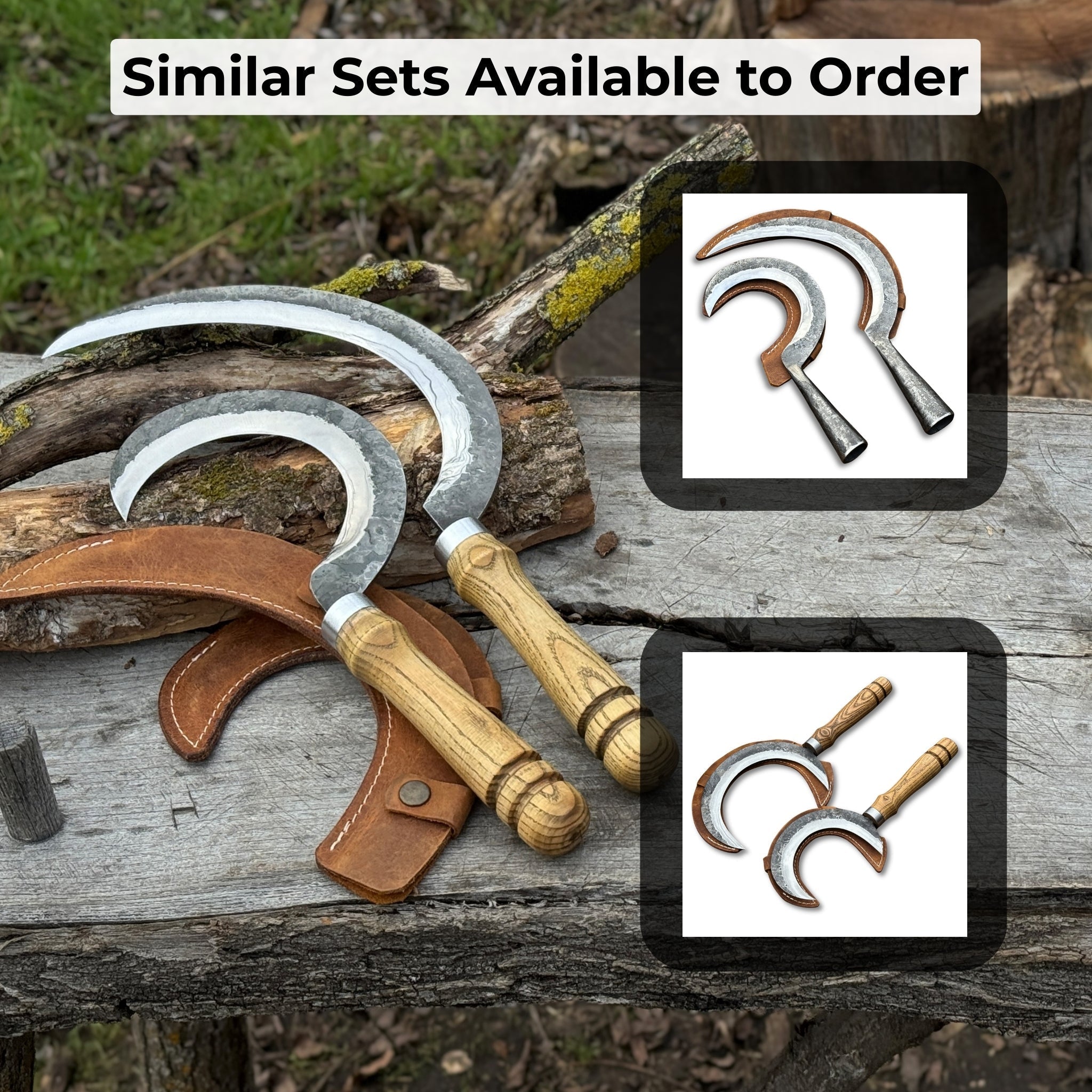 Hand-forged 2-piece sickle set with wooden handles and leather sheaths