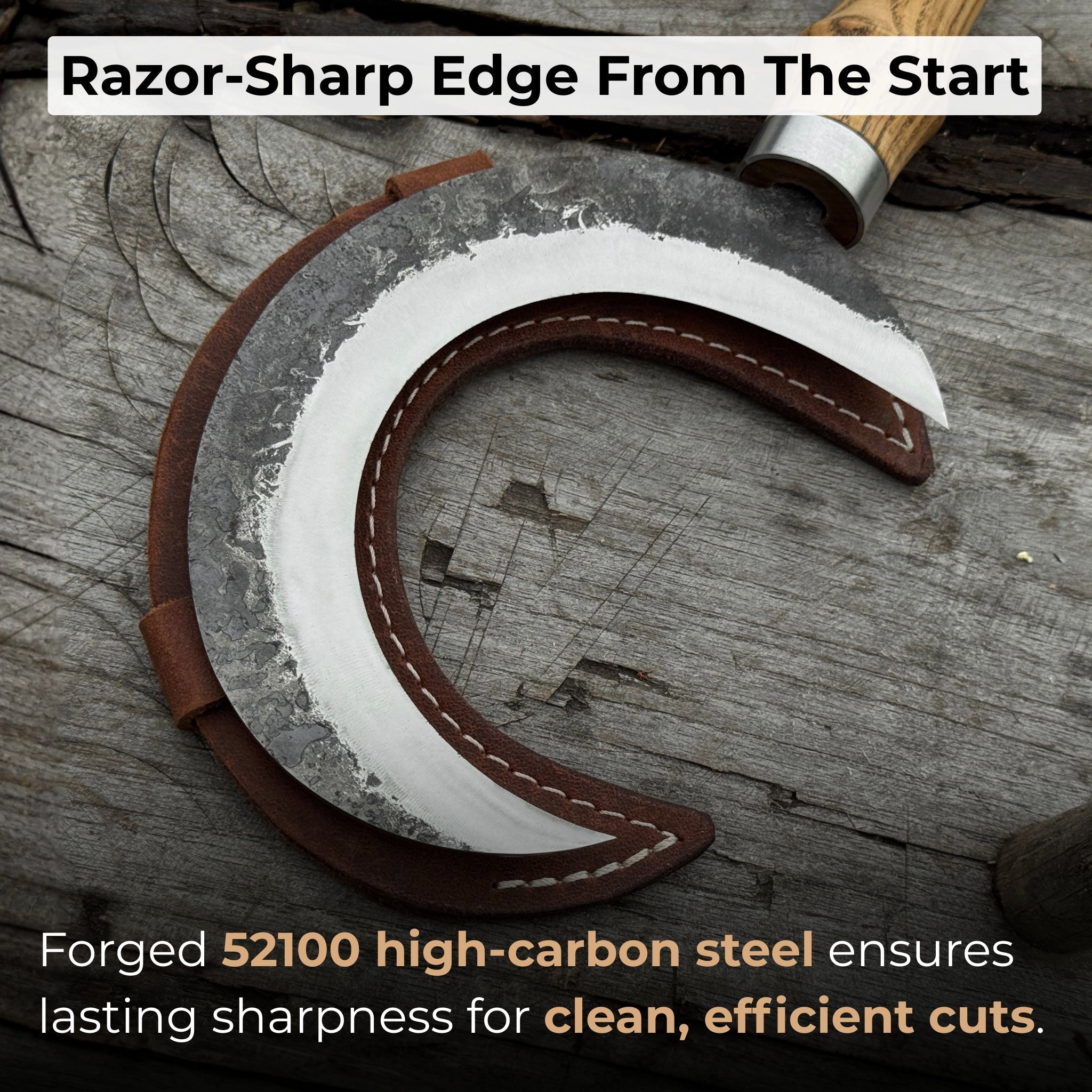Hand-forged ritual witch sickle with crescent-shaped steel blade and wooden handle, including leather sheath