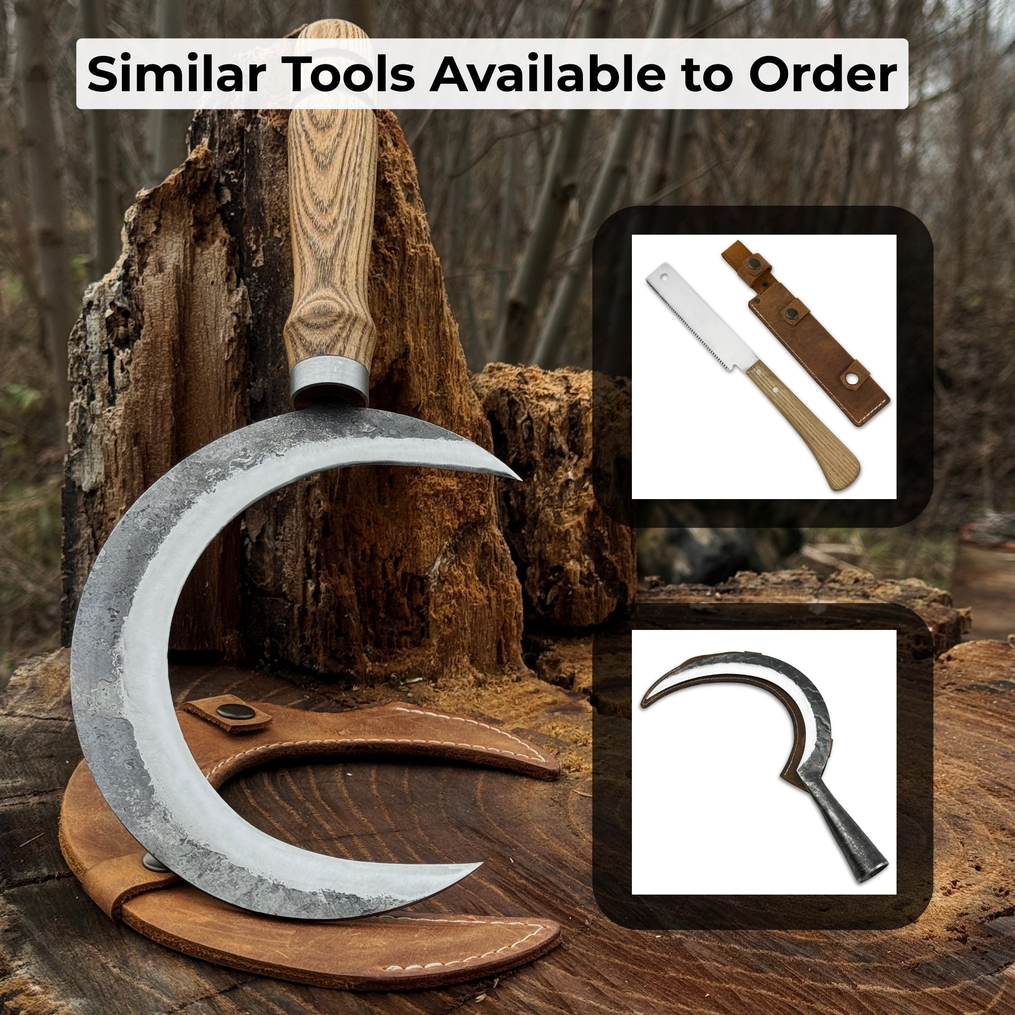 Hand-forged athame ritual witch sickle with crescent steel blade and wooden handle, including leather sheath