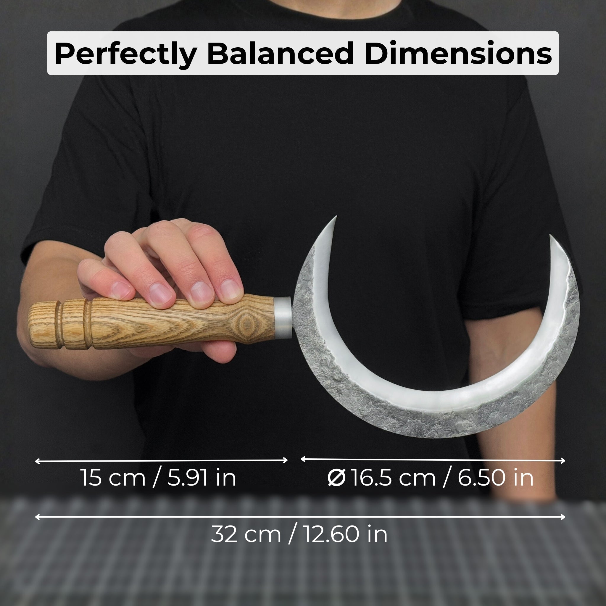 Hand-forged athame ritual witch sickle with crescent steel blade and wooden handle, including leather sheath