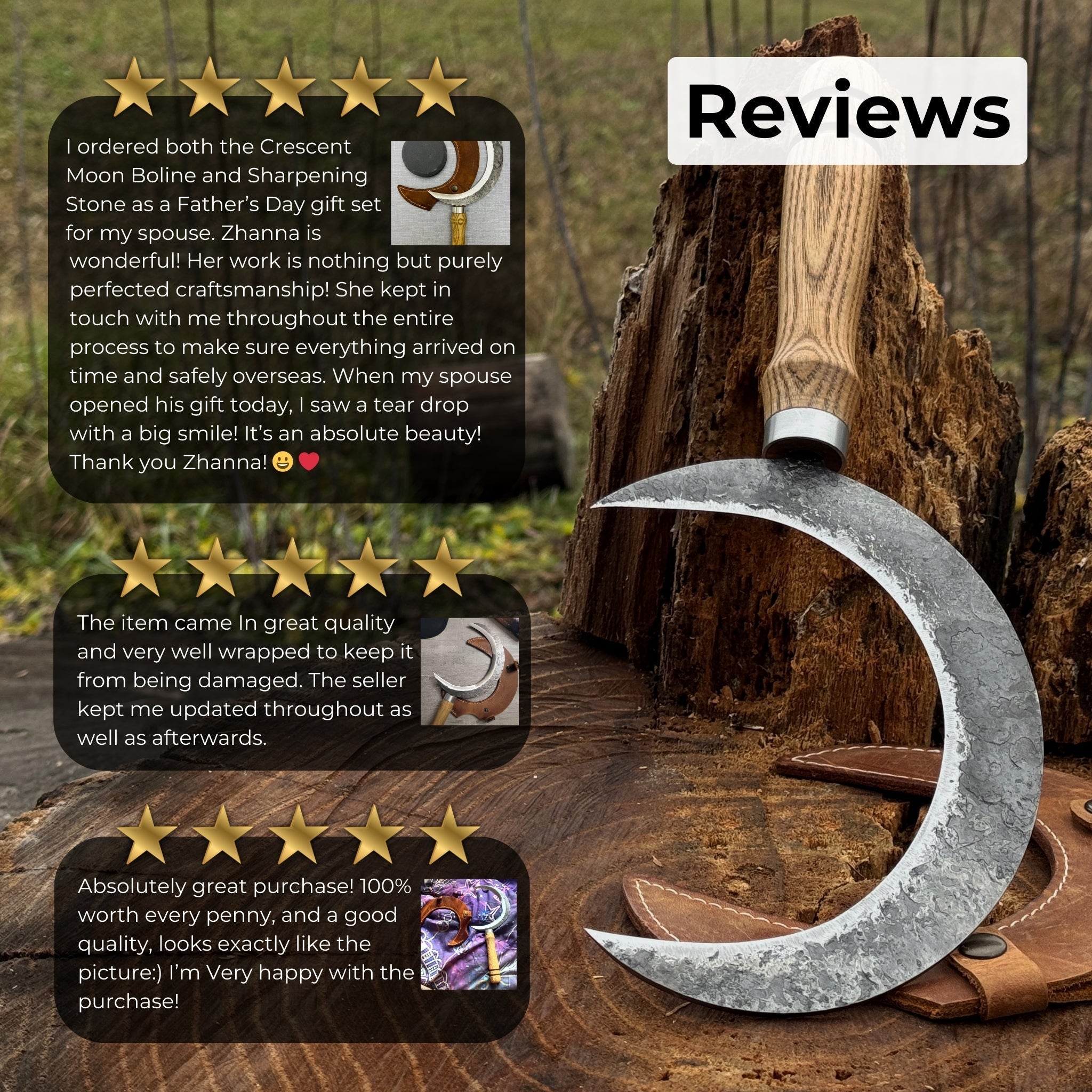 Hand-forged athame ritual witch sickle with crescent steel blade and wooden handle, including leather sheath