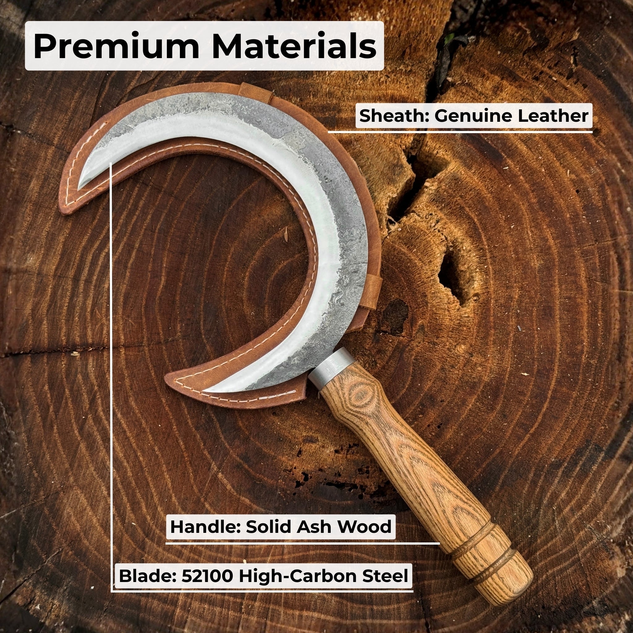 Hand-forged athame ritual witch sickle with crescent steel blade and wooden handle, including leather sheath